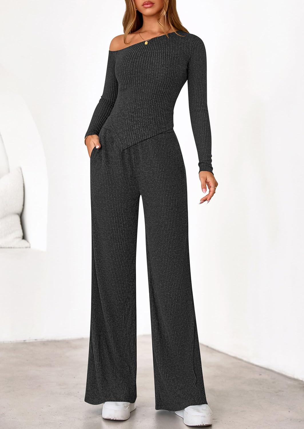 PRETTYGARDEN Fall Two Piece Sets For Women 2026 Off Shoulder Tops Long Pants Knit Matching Lounge Set Airport Travel Outfits - Image 2