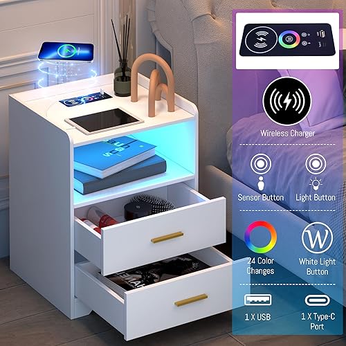 Miniatura 3 de dnbss Mesita de noche LED blanca con estación de carga y luces RGB de 24 colores, mesita de noche inteligente con iluminación de sensor humano,