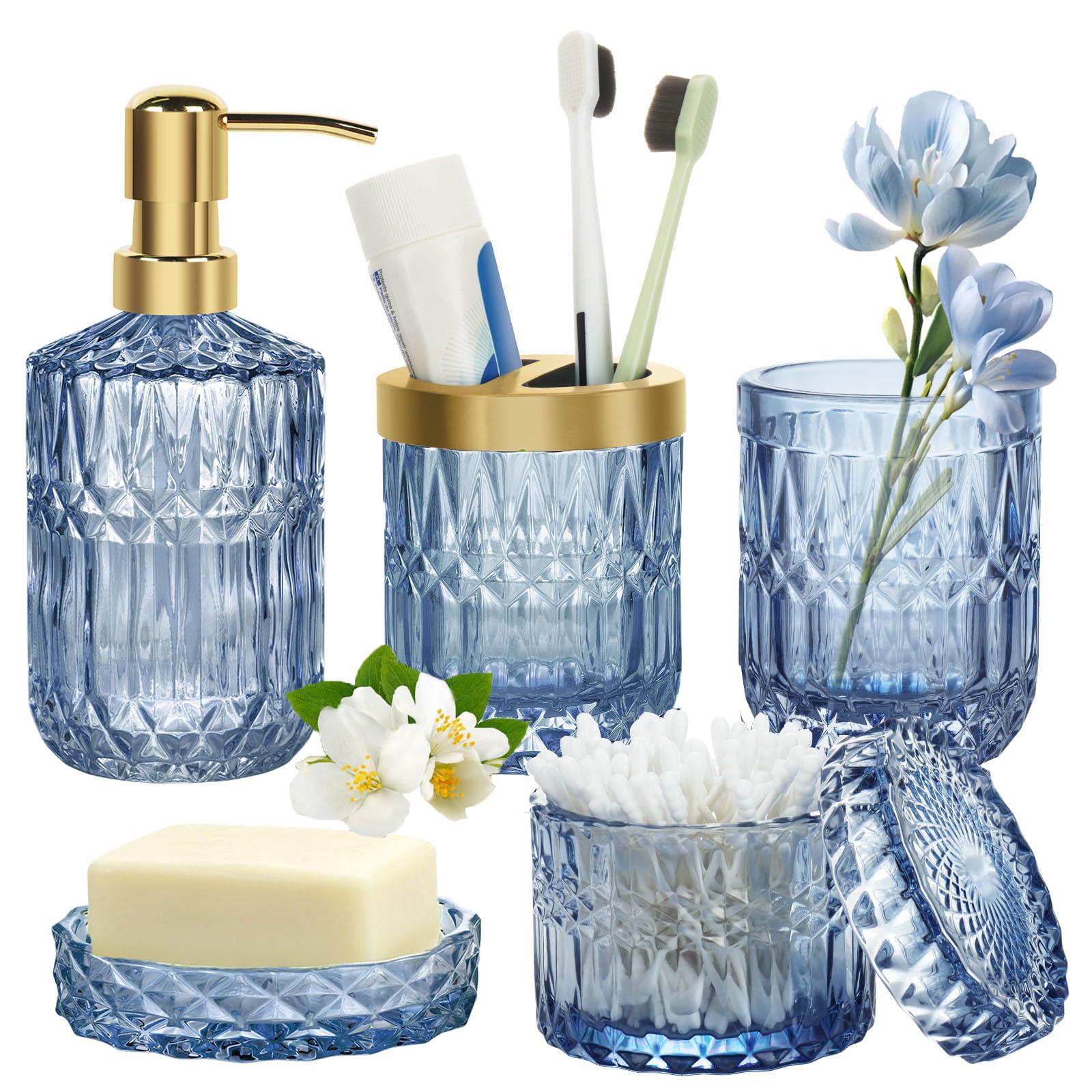 Lot de 5 Accessoires Salle de Bain en Verre - Decoration Salle de Bain avec Distributeur Savon, Porte Brosse à Dents,Tasse en Verre, Pot à Cotons-tiges et Porte-Savon, Gobelet, Cadeau de Luxe, Bleu