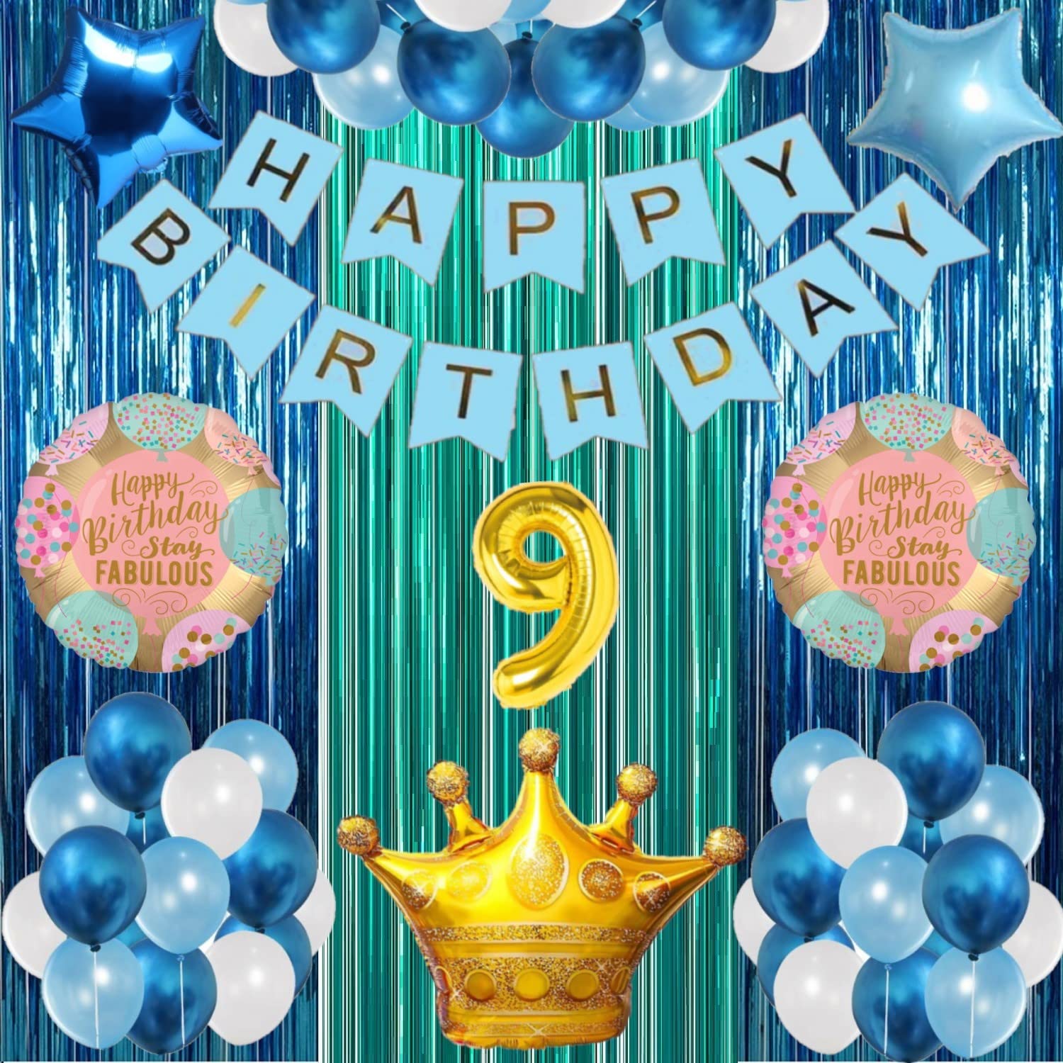 Gleam® No 9 Gold Balloons with King Crown Theme Birthday Decoration Items or Kit Blue Banner Set of 13 Letters + 30 HD Royal Blue, Sky Blue & White Metallic Balloons celebration Baby Shower + 1 Pc Big King Gold Crown Foil + 18 "inch 2 Pcs Fabulous Happy Birthday Round Shape Foil Balloons for Party Supplies for Boys ,Girls & Kids + 18 " inch 2 Pcs Royal & Sky Blue Star Shape Foil Balloons + 2 Pcs Royal & 1 Pc Sky Blue Foil Fringes Curtains +9th Year Birthday Gold Foil Balloons (Pack of 52)