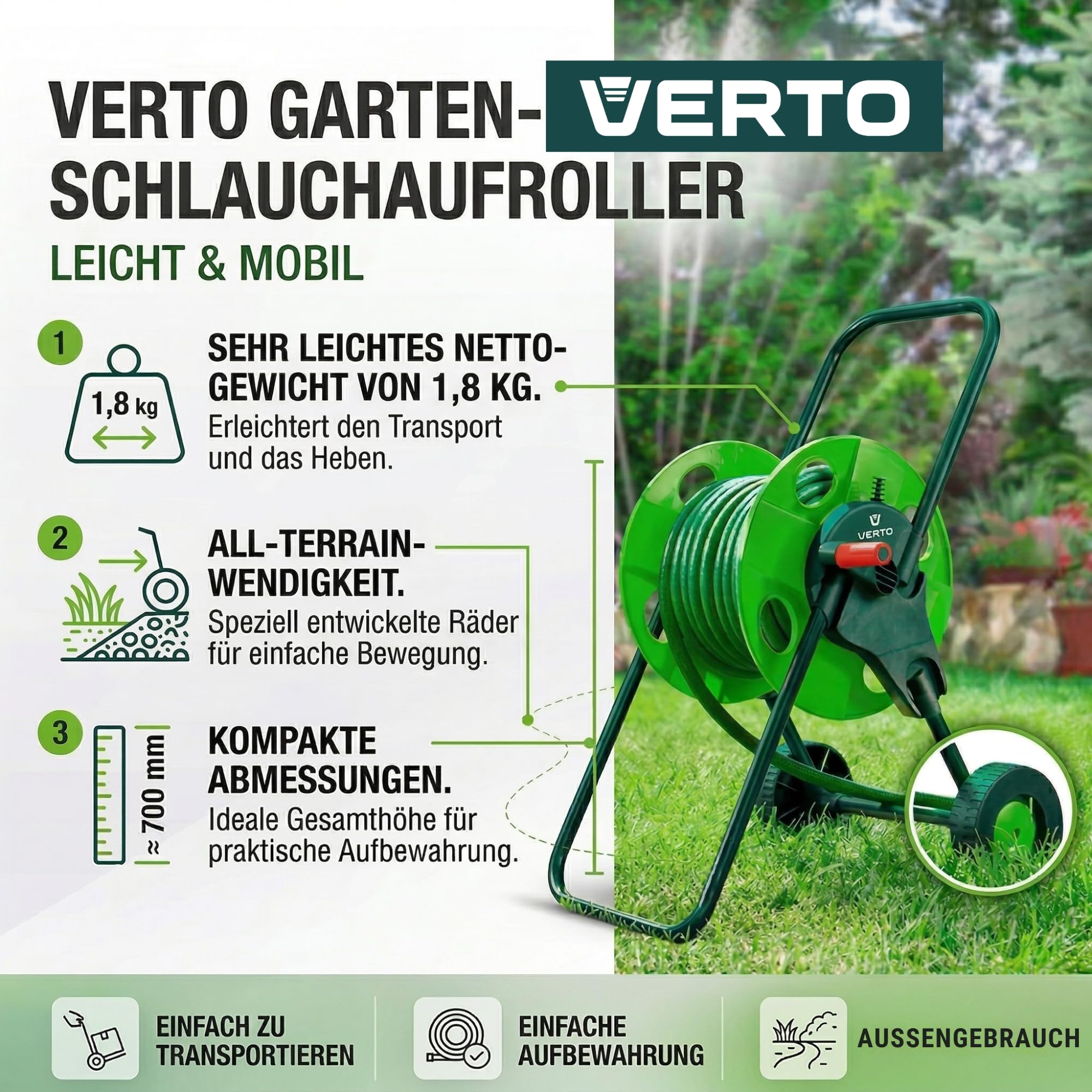 VERTO Gartenschlauchwagen mit bis zu 50 m - Gartenschlauchständer für Gartenschläuche, Verstärkte Seiten des Ständers, Praktische Kurbel zum Aufrollen des Schlauchs