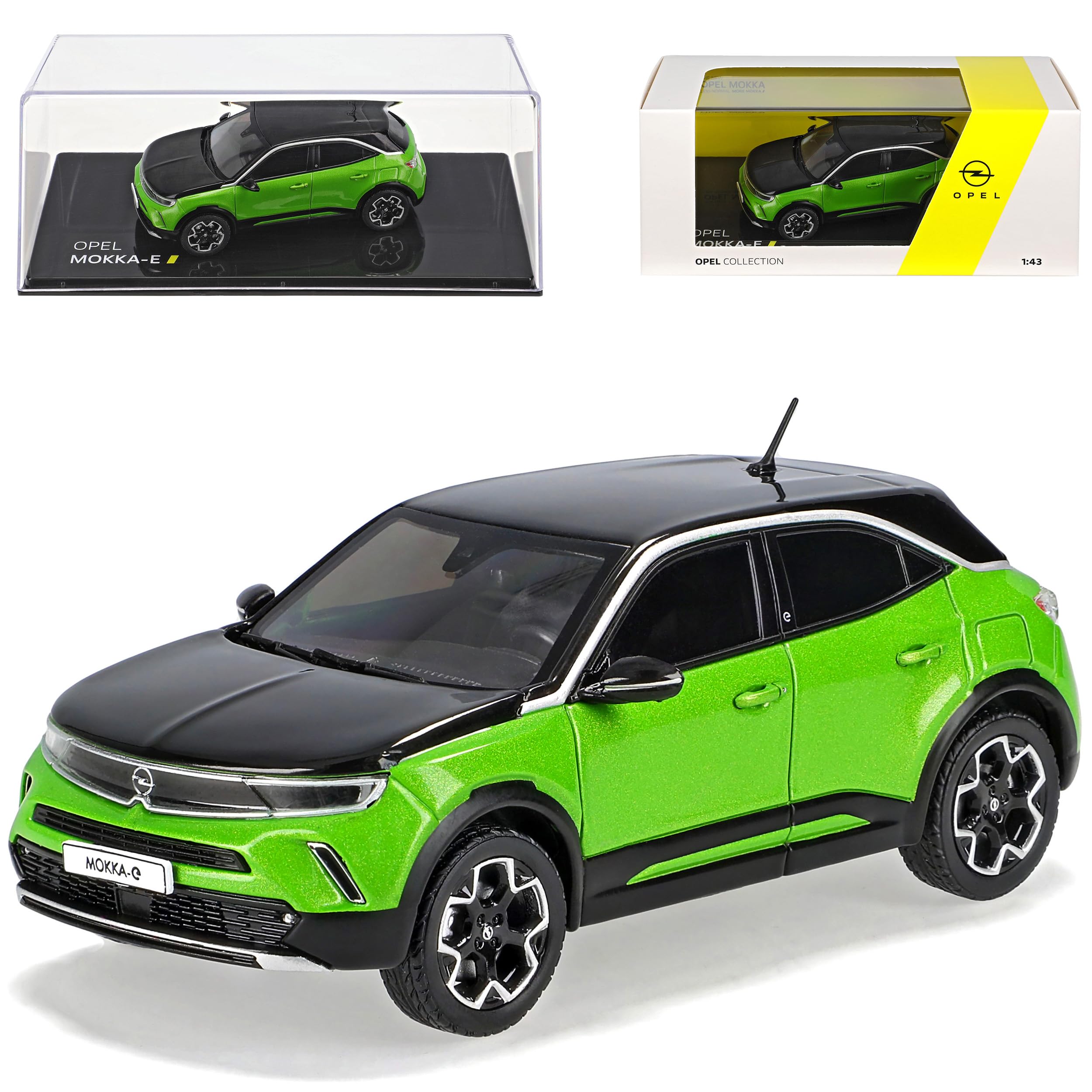 alles-meine.de GmbH Opel Mokka B E SUV Grün 2. Generation Ab 2021 mit Sockel und Vitrine 1/43 Modell Auto mit individiuellem Wunschkennzeichen
