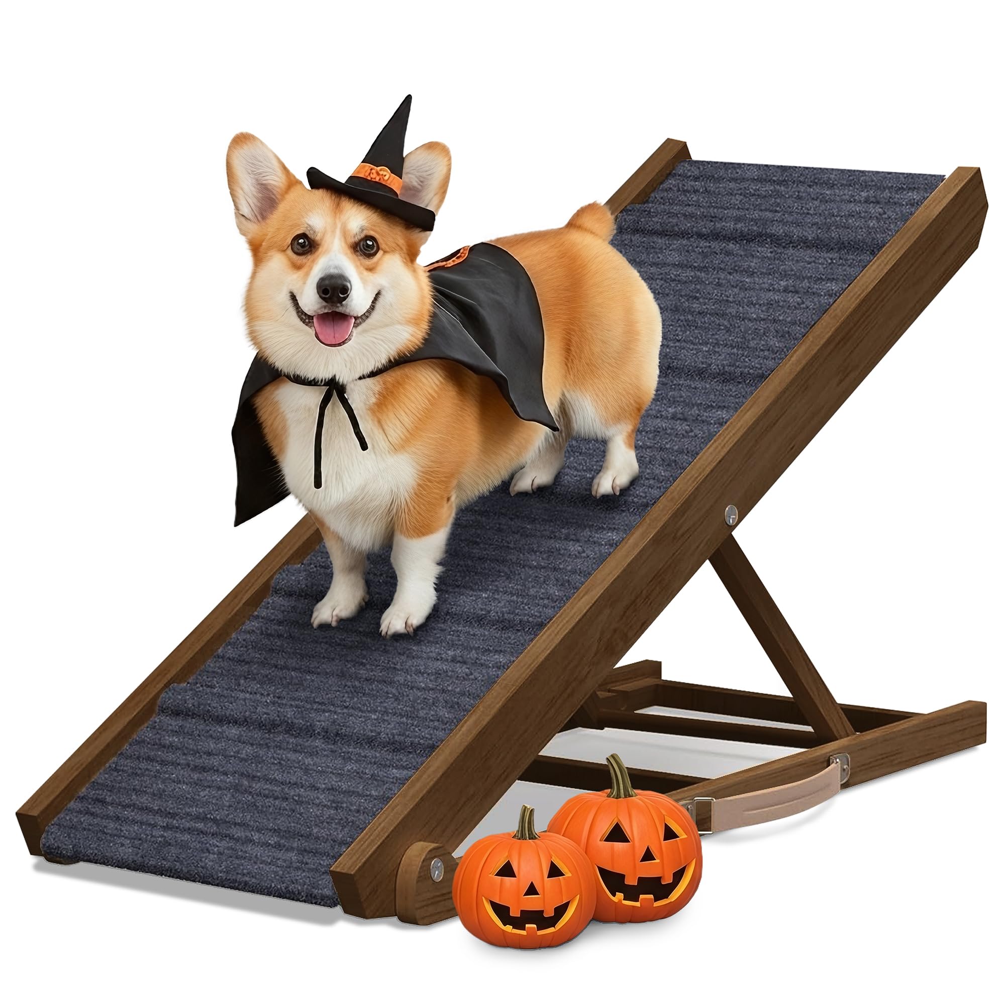 Adjustable Dog Ramp for Bed - Foldable Wooden Ramp for Dogs to Get on Bed, Couch, or Car with 13.4" Wide Walking Space (Walnut Wood with Gray Carpet, Medium)