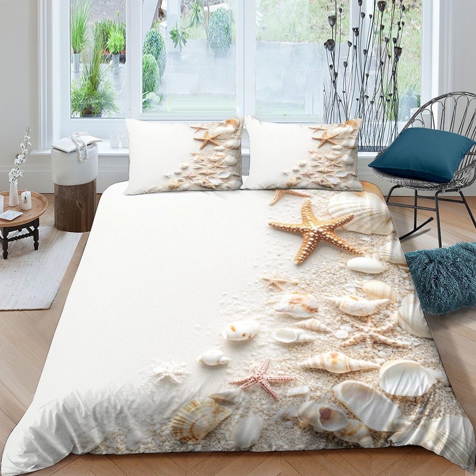 Ctjqhvkz Style-2 3D Printed Seashell Starfish Fitted Sheet Microfiber Soft Bed Cover For Bedroom Guest Room Decor Dustproof Machine Washable Single（135X200cm）