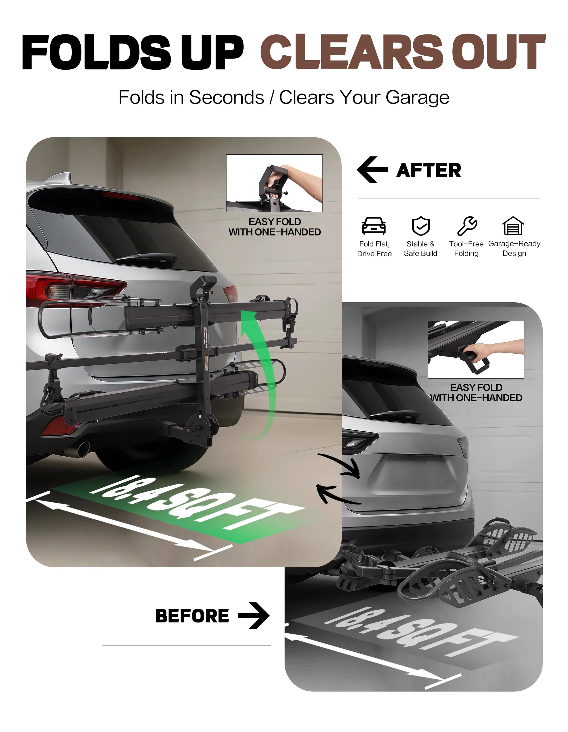 E-Bike Rack with Ramp, Hitch 2 Bike Rack, 200 lbs Capacity Electric Bike Carrier, Foldable Platform Mount for Cars, Trucks, SUVs, Minivans, Up to 5-Inch Fat Tire for 2'' Receiver