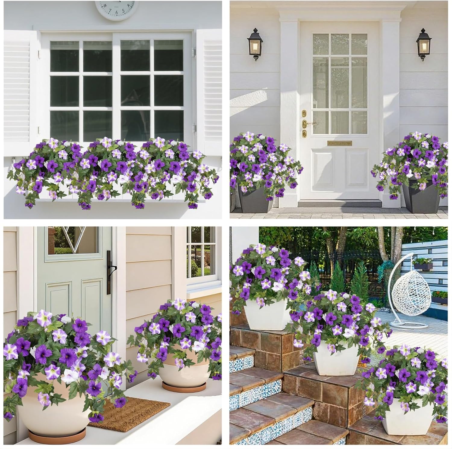 4PCS Artificial Fake Flowers Plants for Outdoors Decoration No Fade Faux Petunias UV Resistant Realistic Silk Flowers for Home Garden Balcony Yard Porch Deco (Purple White) - Image 7