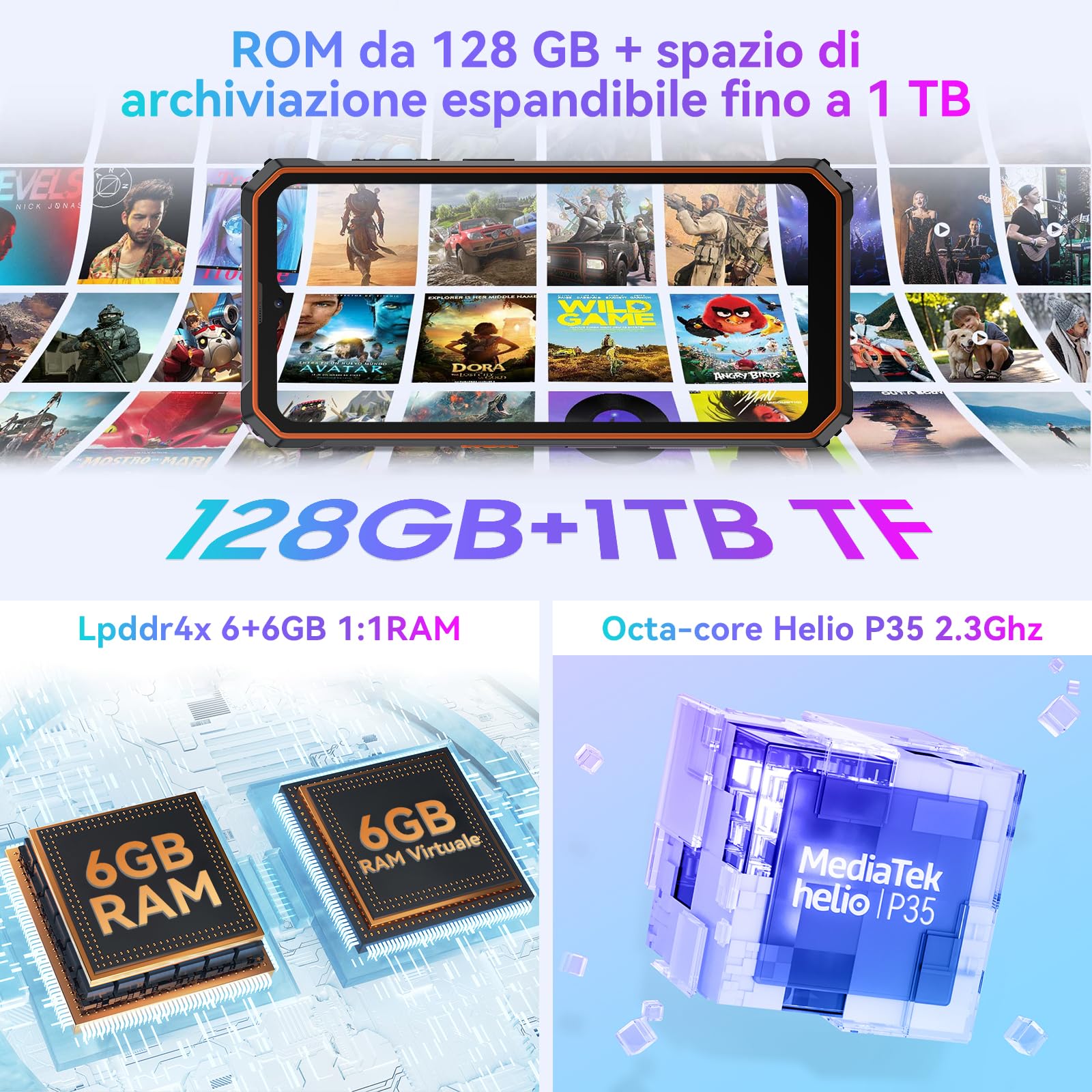 Blackview BV6200Pro Rugged Smartphone, 12GB+128GB(2TB TF), 6.56''HD+, 13000mAh/18W, 13+8MP, 98dB Microfono/NFC/Google Lens/OTG/Face ID/Fingerprint/Modalità Guanto/4G Dual SIM/3 Slots
