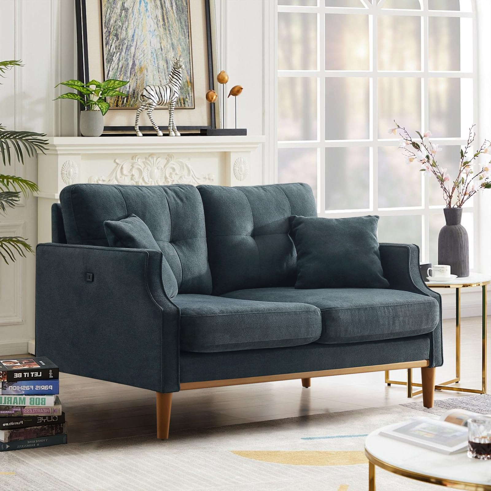 SoarFlash56.7” Loveseat Sofa Couch for Living Room, Small Apartment Sofa for Small Spaces, Multifunctional Rechargeable Sofa, Multi-Person Fashion Sofa, Blue