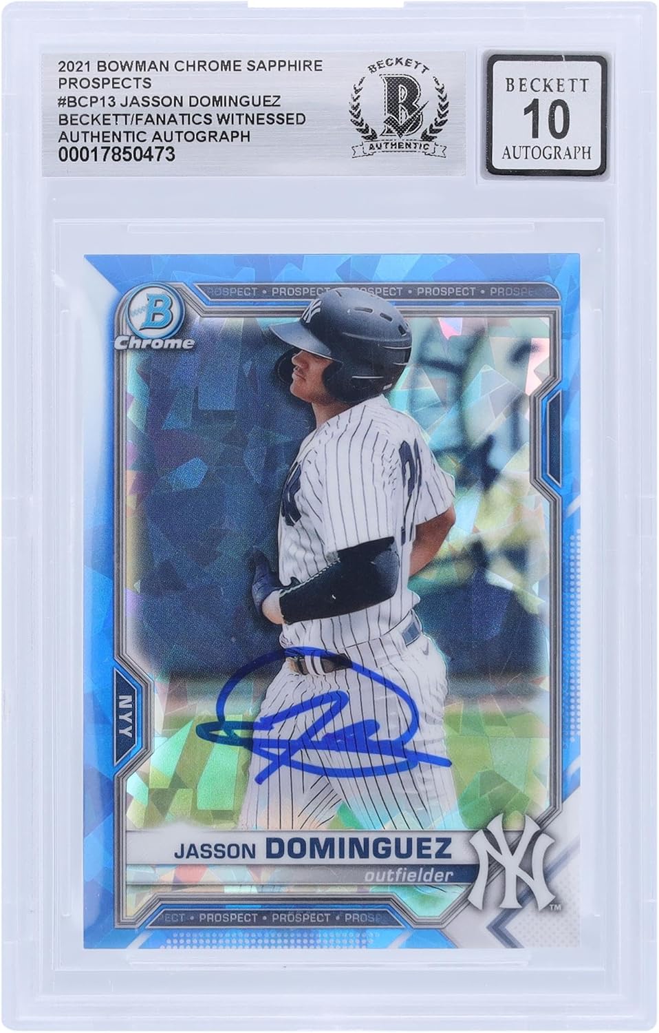 Jasson Dominguez New York Yankees Autographed 2021 Topps Bowman Chrome Sapphire Prospects #BCP-13 Beckett Fanatics Witnessed Authenticated 10 Card - Baseball Slabbed Autographed Cards