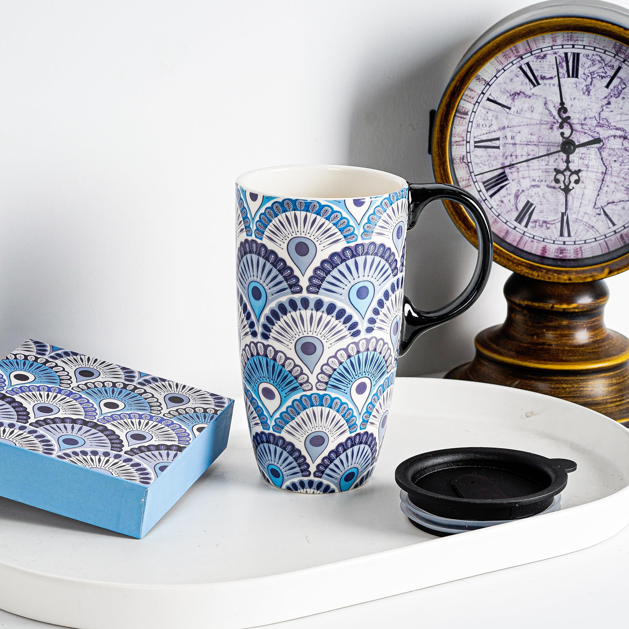 DUSVALLY 17oz Peacock Travel Mug, Spill-Proof Ceramic Coffee Cup with Secure Lid, Ideal for Office Commute & Daily Use - Image 3