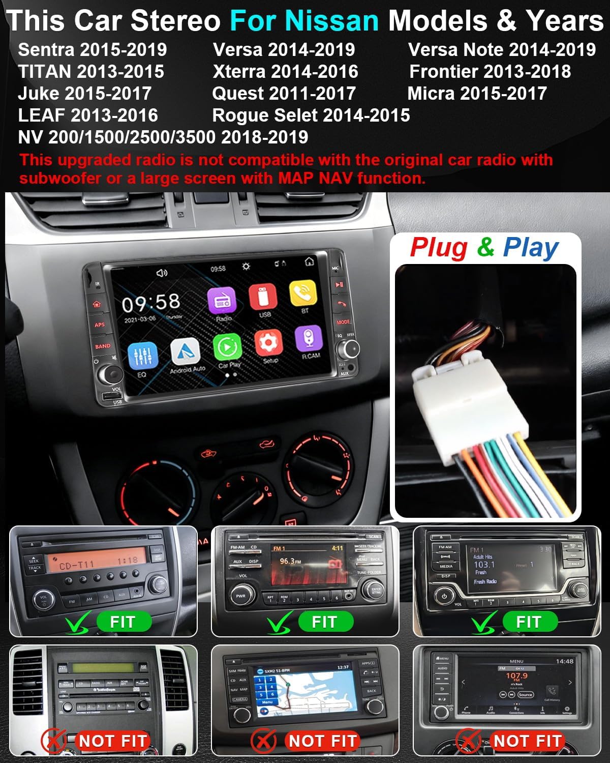 Plug & Play Car Radio Stereo for Nissan Rogue Selet 2014-2015/Sentra 2015-2019/Versa 2014-2019/Versa Note 2014-2019/Quest 2011-2017/TITAN 2013-2015 W/Carplay Android Auto Touchscreen Bluetooth AM/FM
