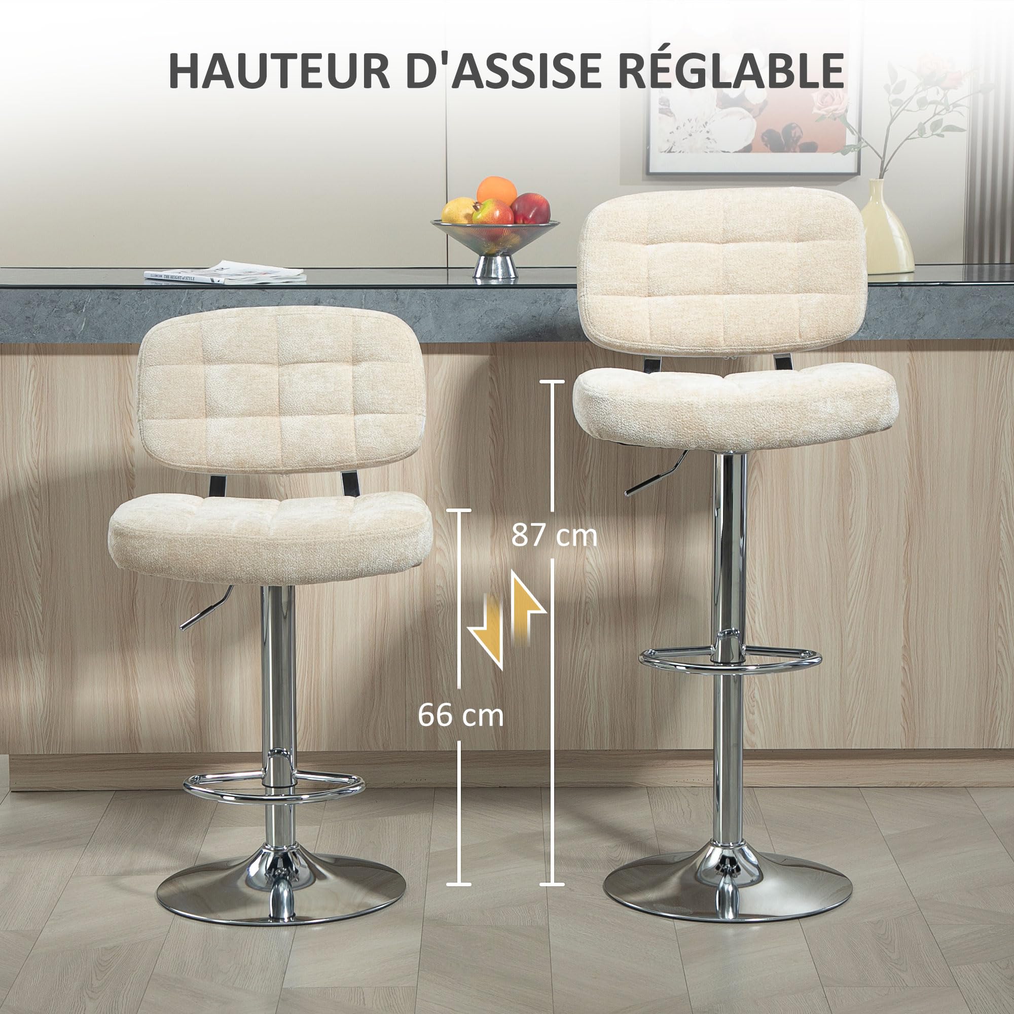 HOMCOM Lot de 2 tabourets de Bar pivotants, Hauteur réglable, Beige | Chaises de Bar, Chaise Haute Cuisine avec Dossier, Repose-Pieds, Cadre en Acier, Charge 120 Kg