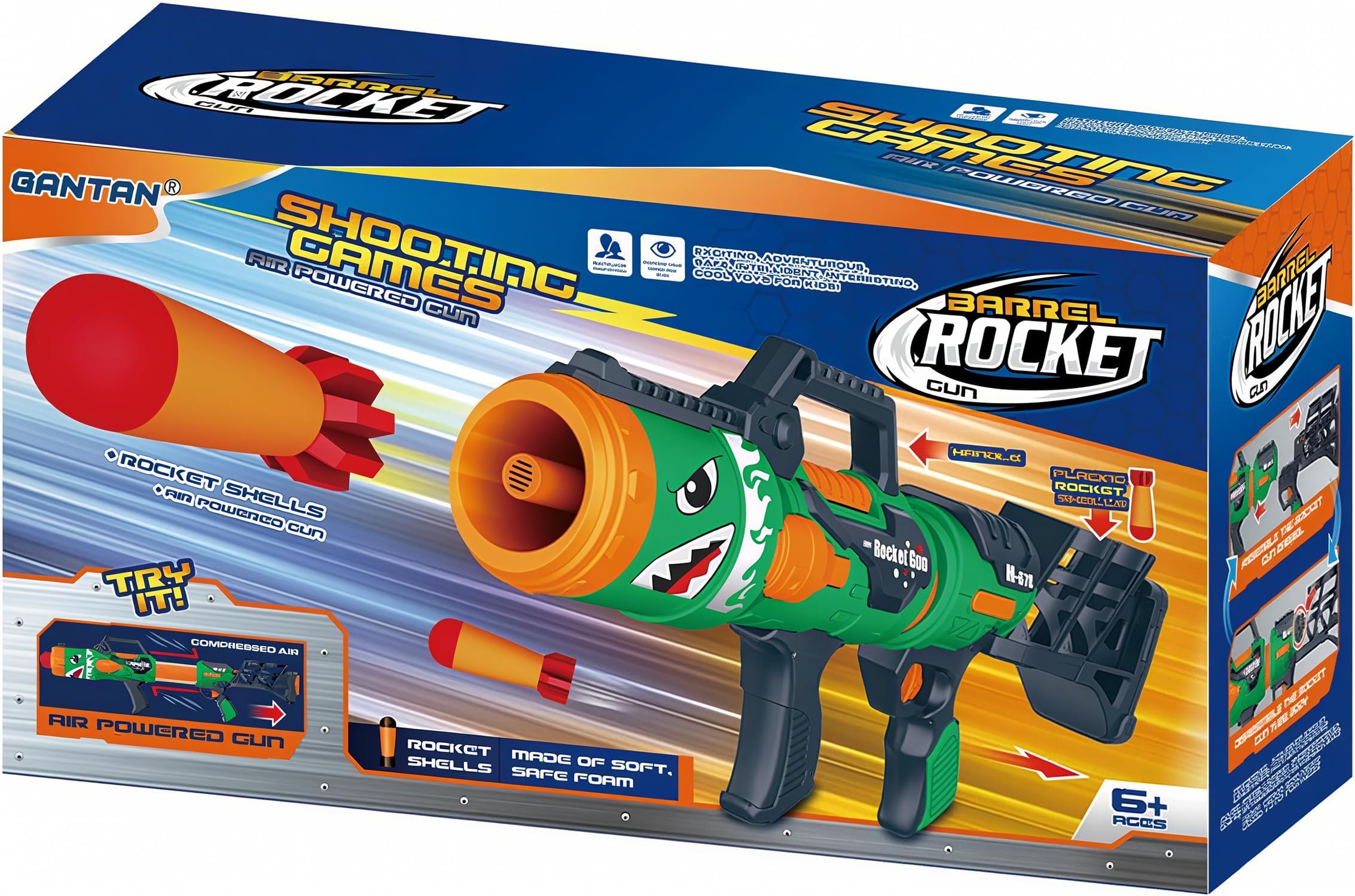 Gantan Toy Rocket Barrel Launcher-Fires Foam Rockets Includes 6 Compatible With Rl Blaster- Shooting Game Air Power Blaster Gun For Youth, Teens, Adults