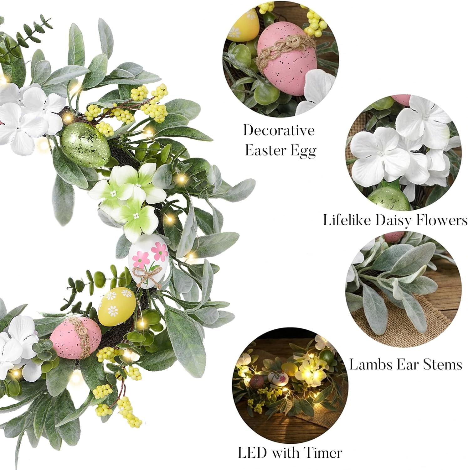 Valery Madelyn 18'' Lighted Easter Wreaths for Front Door, Pre-lit Spring Door Wreath with Pastel Eggs, Daisy Flowers & Silk Lambs Ear Leaves, Artificial Farmhouse Indoor Outdoor Wall Window Decor
