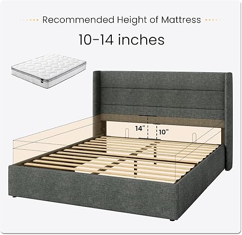 Miniatura 8 de SHA CERLIN Cama de Almacenamiento Elevable de Tamaño Completo/Cabecera Moderna Tipo Wingback/Marco de Cama Plataforma Tapizada/Almacenamiento Gris