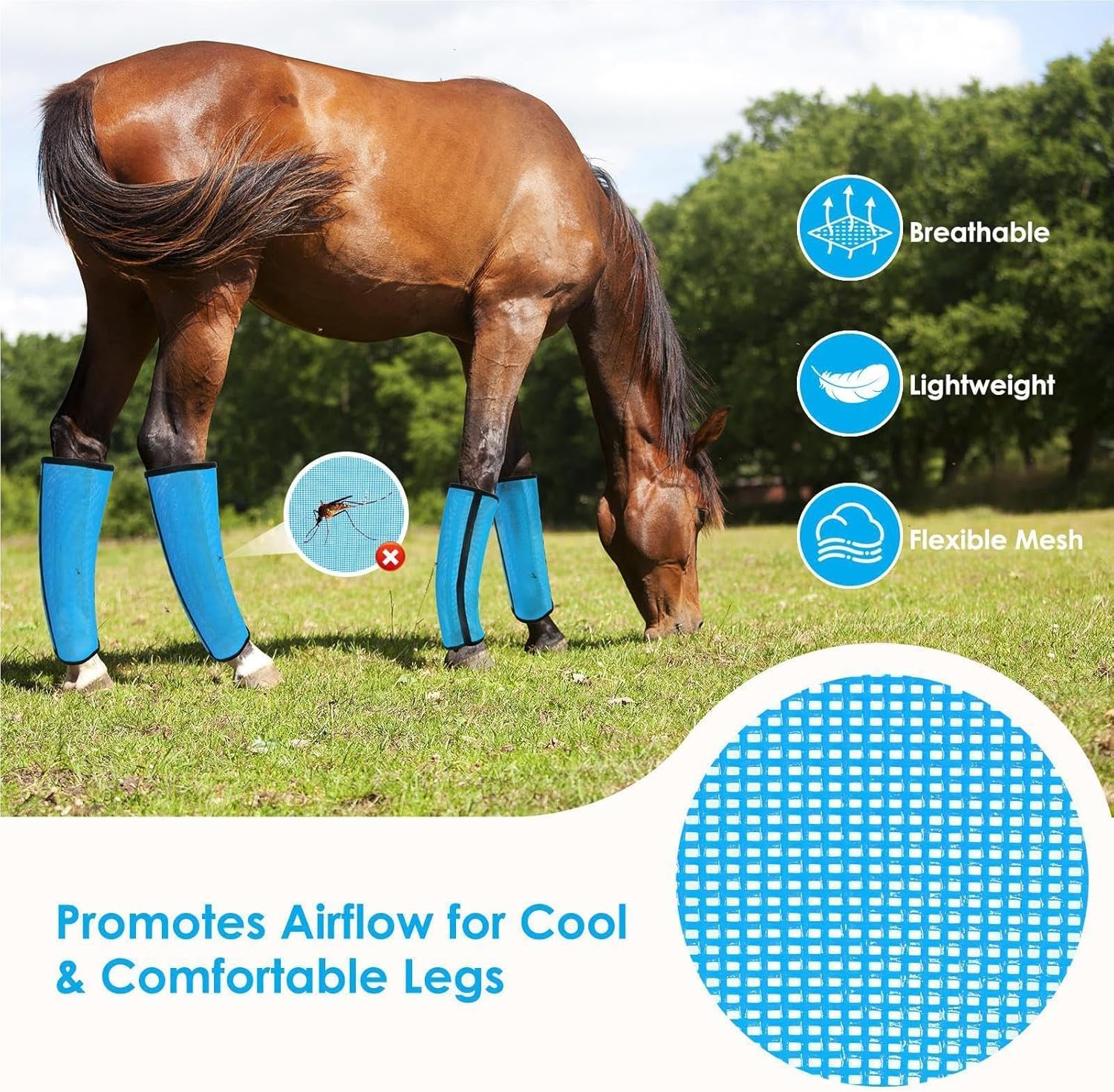 Genérico Fly Boots for Horses – 4 Pieces Adjustable Mesh Wrap, Leg Guards, Equine Care, Hiking, Competition, Training, Racing, Outdoor Grazing