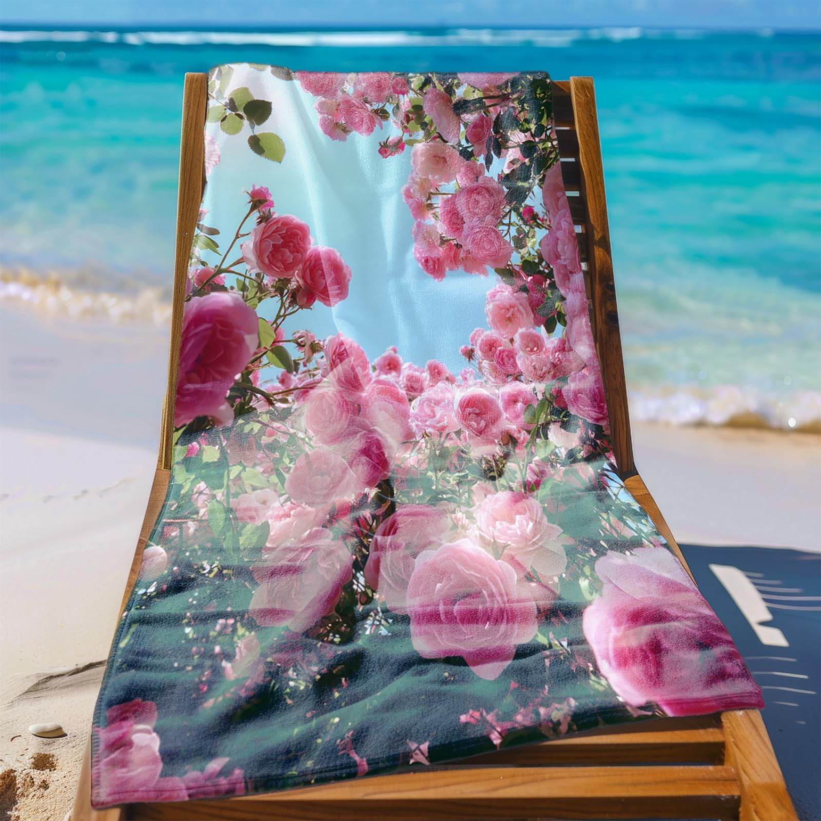 Générique Serviette Microfibre Plage Fleur Rose Bleu