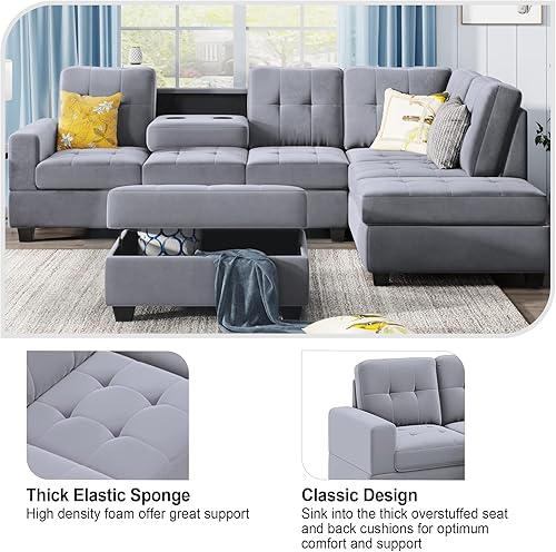 Miniatura 6 de Sofá modular modular, muebles de sala de estar modernos con diván reversible, sofá tapizado de terciopelo en forma de L con otomana de