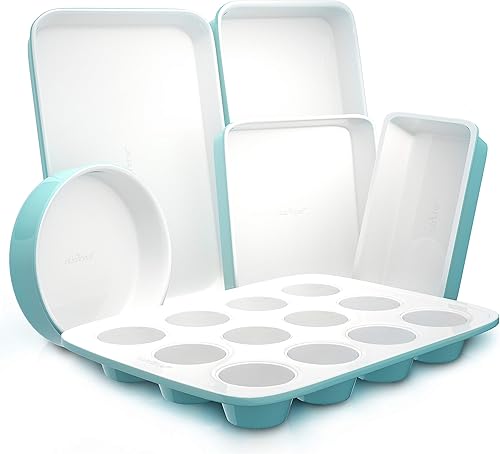 Miniatura 1 de NutriChef Juego de 6 bandejas para hornear para horno de cocina, antiadherentes, atractivas sartenes verdes y bandeja interior blanca, utensilios de