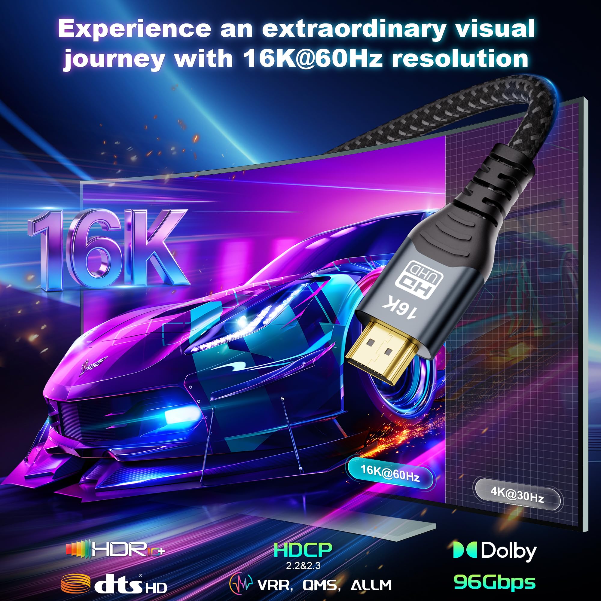 CAKOBLE HDMI 2.2 Przedłużacz | Przedłużacz HDMI Męsko-Żeński (Wtyk-Gniazdo) | 96Gbps Ultra Szybki, 16K@60Hz, 8K@240Hz, 4K@480Hz | eARC, HDR10+, HDCP 2.2&2.3, Dolby Vision/Atmos (2m+2m)