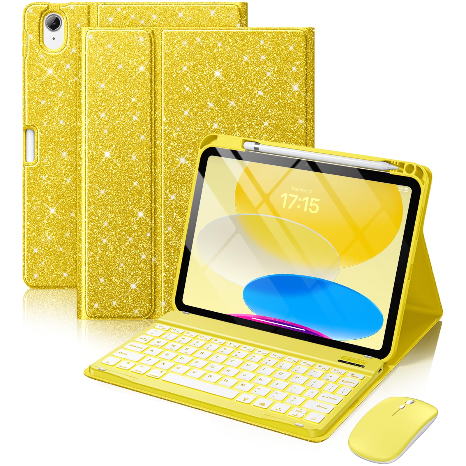 Hamile for iPad A16 Case with Keyboard - Mouse Backlit Wireless Detachable Keyboard Glitter Folio Cover with Pencil Holder for iPad 11th Gen A16 11-inch 2025 10th Generation 10.9 Inch 2022 - Yellow
