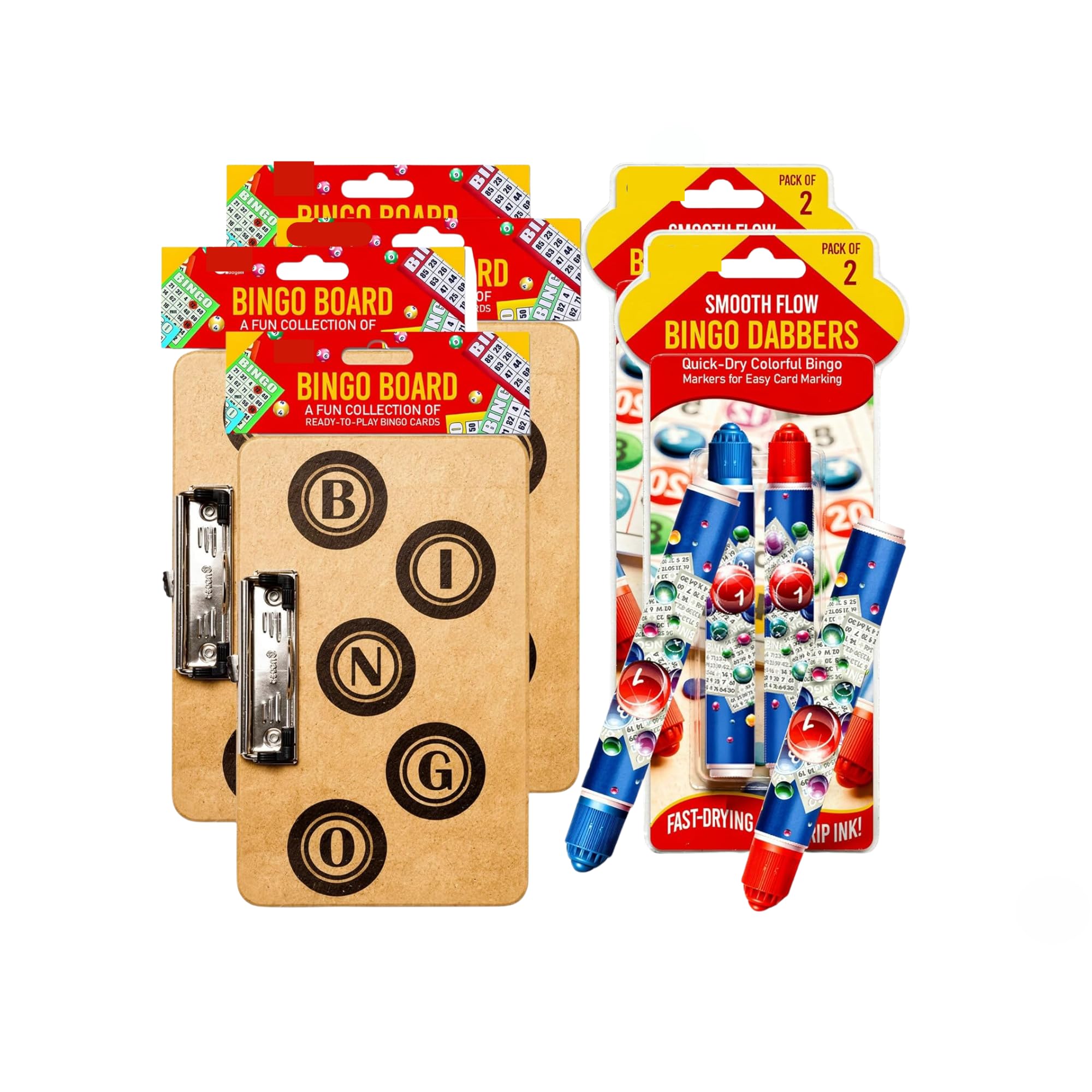 gzzhongheng Bingo Dabbers & Wooden Clip Board Set, 4 Colour Bingo Dabbers with 4 Hardboard Clip Boards, Bingo Card Holders for Tickets, Clubs, Community Games, Family Game Nights & Parties
