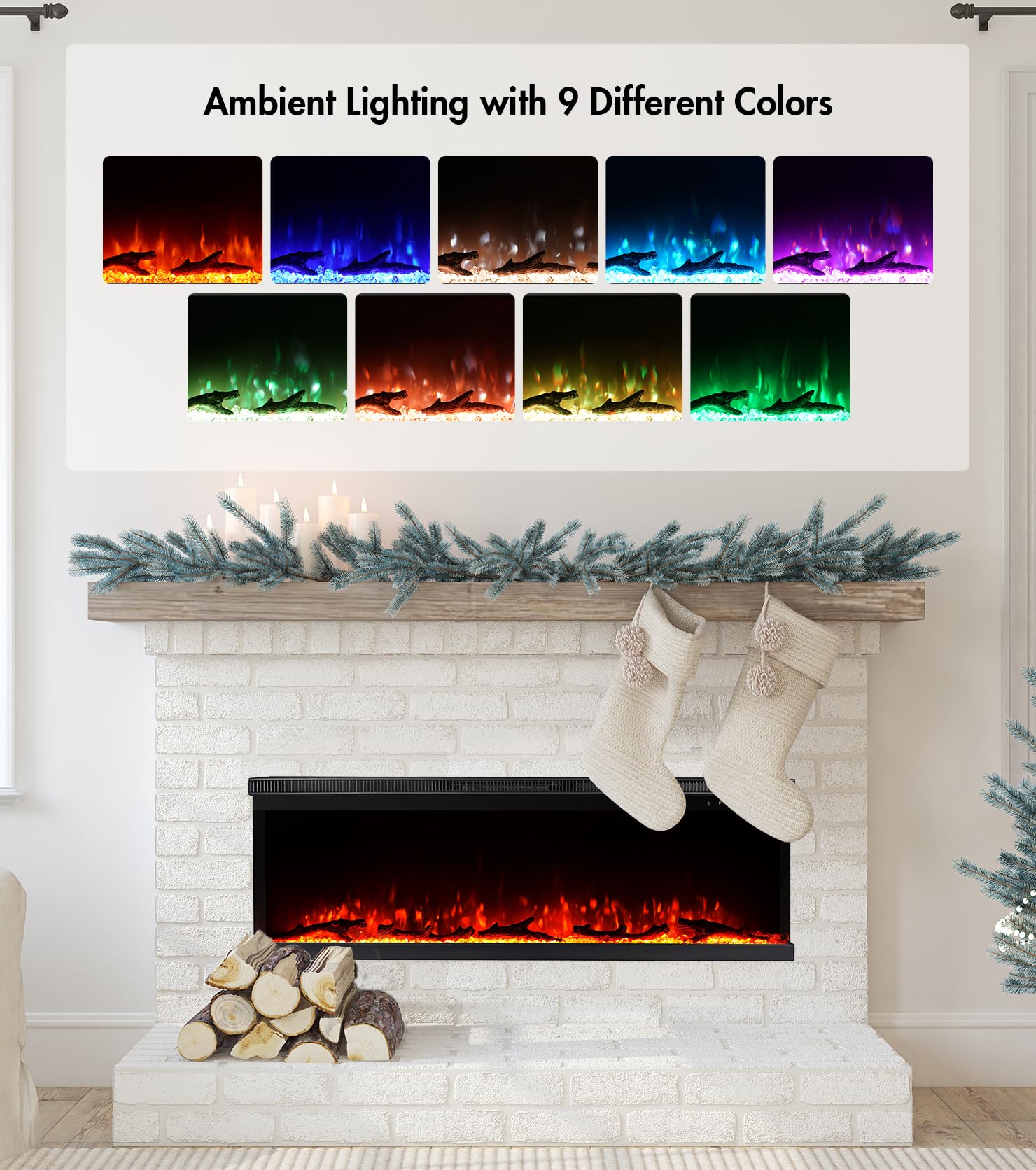 M.C.Haus Camino Elettrico di Lusso a 3 Lati con 3 Modalità di Installazione, Caminetto da Incasso su Parete Multimediale, Effetto Fiamma Elettrica con 9 Colori, 1800W, 127 cm/50", Nero