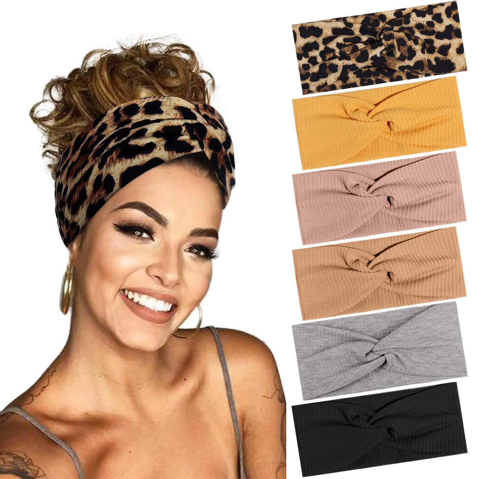 BELEVO 6 Stück Haarband Damen, Elastische Stirnband Damen Dünn Rutschfest Haarbänder Weiches Headband Hair Band für Yoga Exercise Workout Laufen Gym (Leopardenmuster, Einfarbig)
