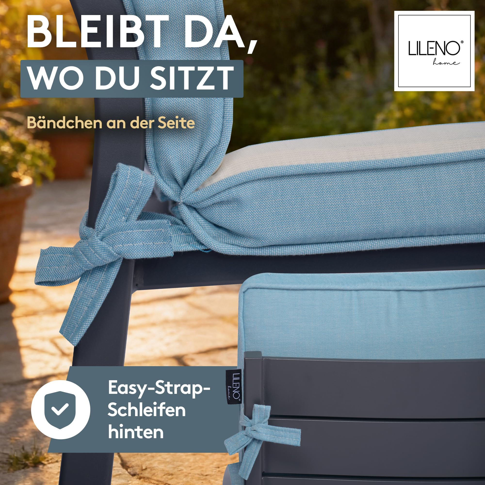 LILENO HOME Gartenstuhl Auflagen mit Kopfkissen [2er Set - Hochlehner] in Blockstreifen Aqua - Sitzauflagen für Gartenmöbel - Stuhlkissen für Gartenstühle und Klappstühle Dub