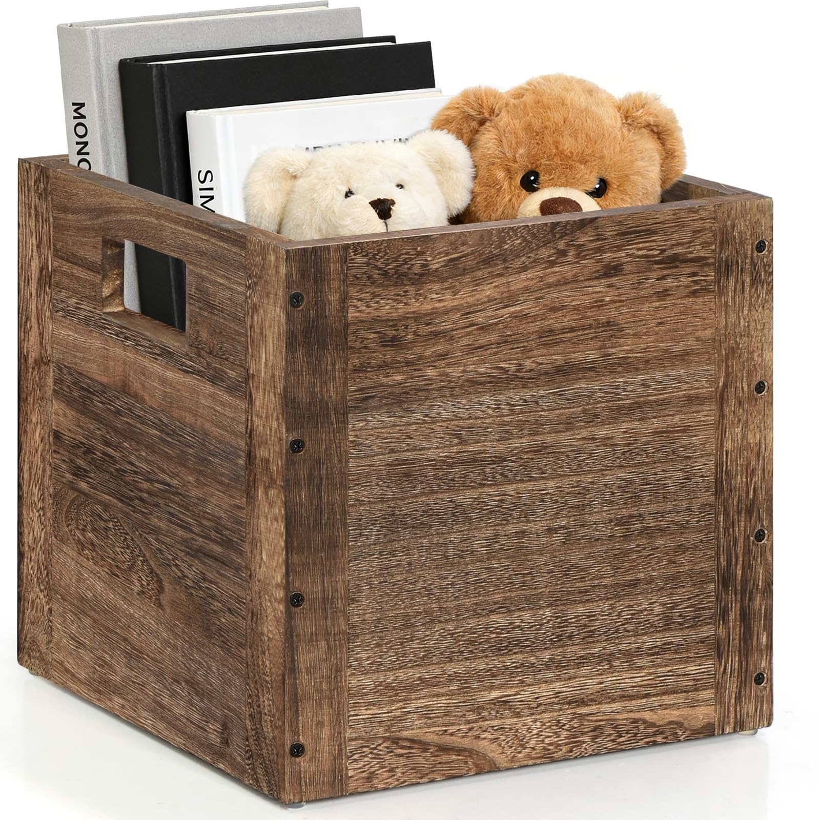 Wood Storage Cube for Home Organizer, Wooden Basket Cube Storage Organizer with Handle, Wood Crates for Storage Books Clothes Toys, Farmhouse Wooden Storage Box Brown Wooden Crate Cube Shelf