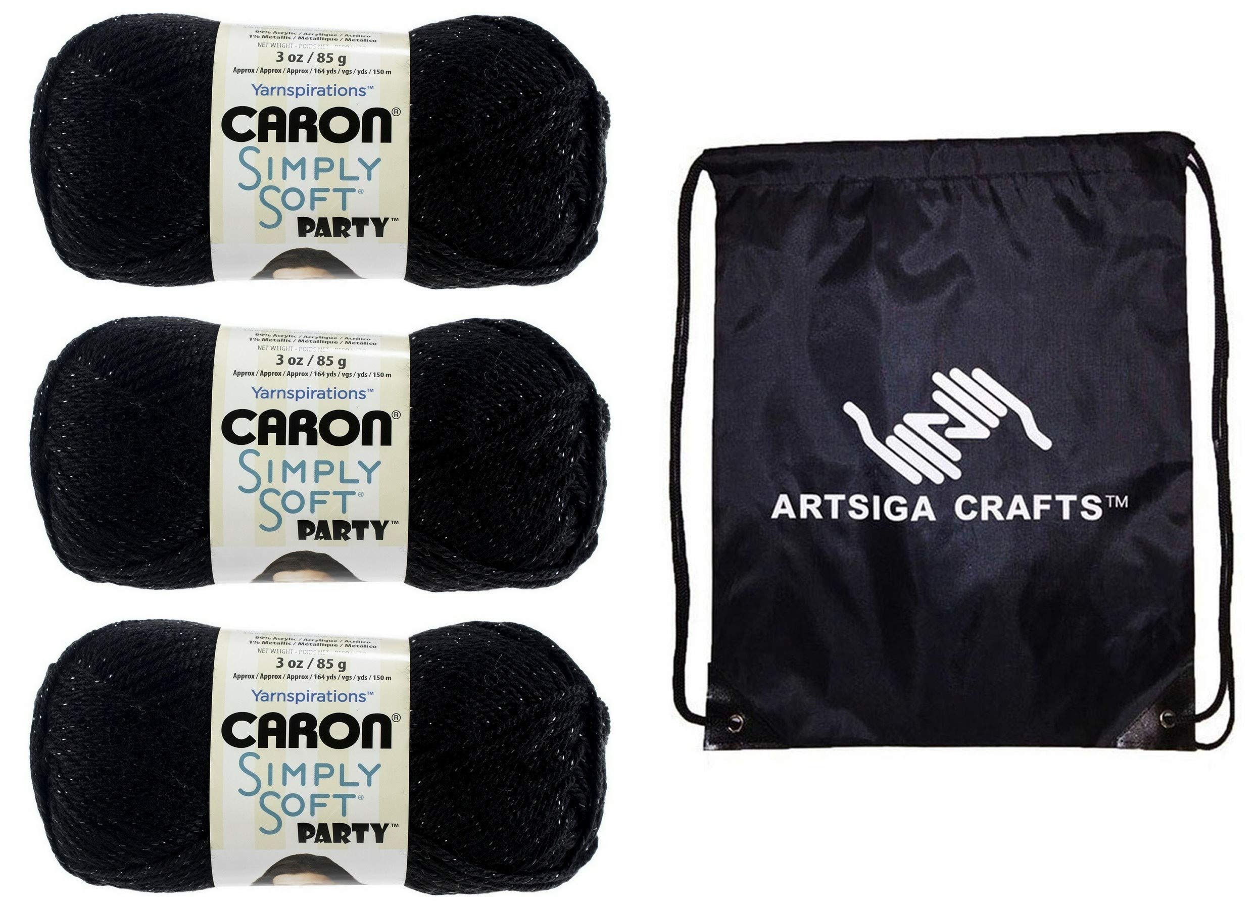 CaronKnitting Yarn Simply Soft Party Black Sparkle 3-Skein Factory Pack (Same Dyelot) H97PAR-7 with Knitting Project Bag