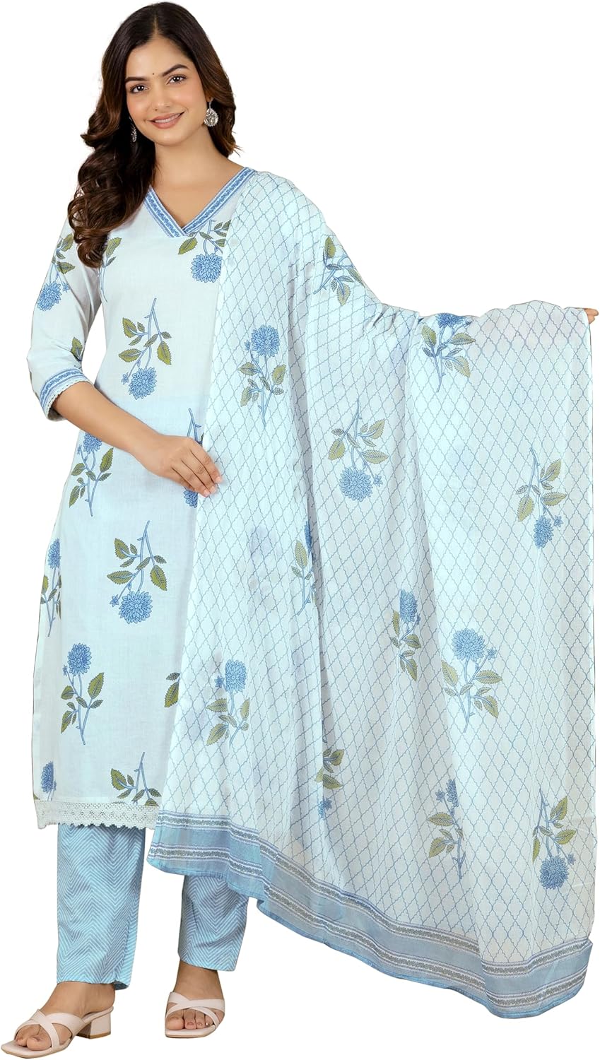 TRENDMALLS Women’s White Pure Cotton Sanganeri Floral Handblock Print Kurta Pant with Dupatta Set- Sky Blue