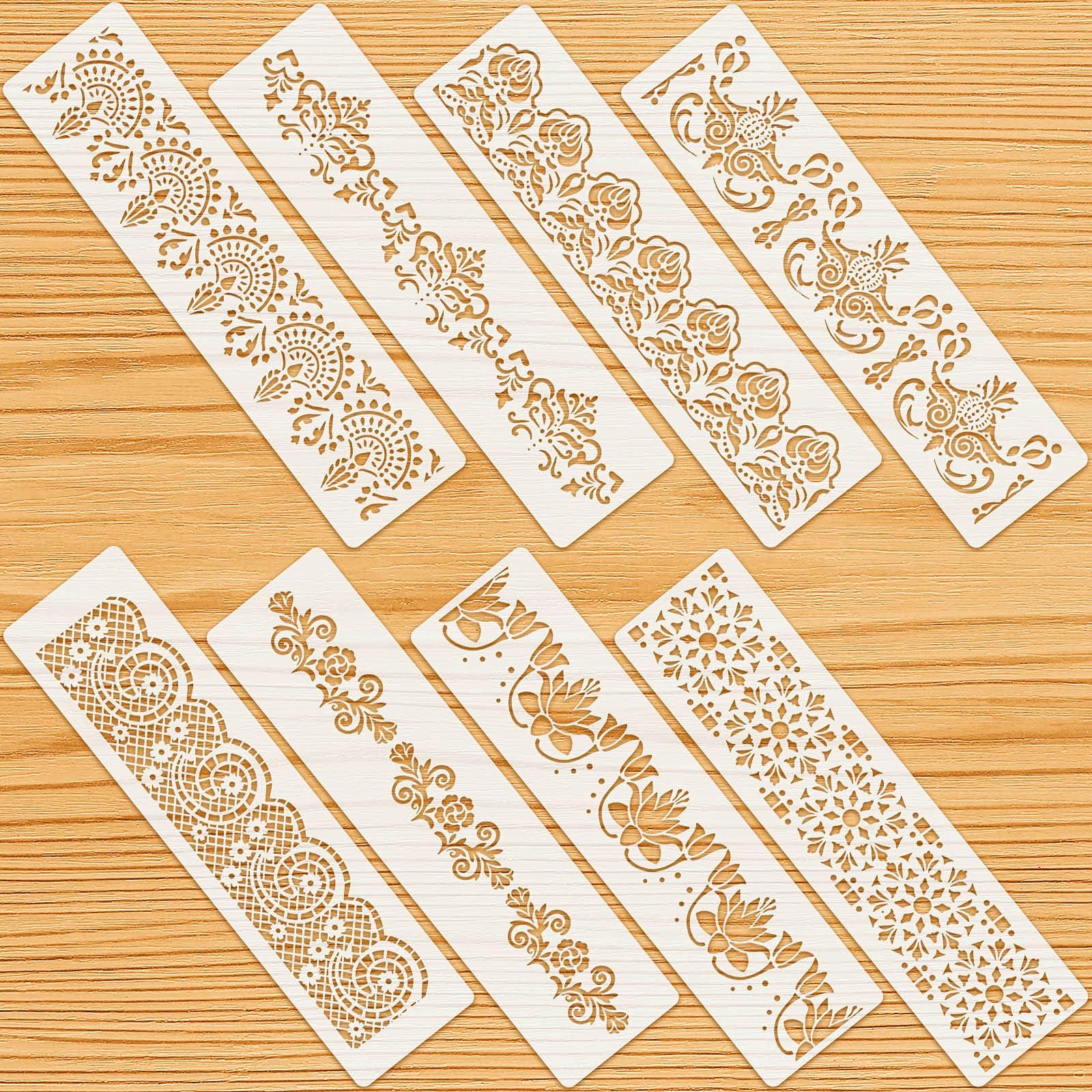 Tazweeq 8 Pieces Ornate Border Stencil, Flower Stencil Template Cake Decorating Templates, Reusable DIY Art, and Craft Stencil Floral Edge Baking Tool, for Painting on Wood, Canvas, Paper, Fabric