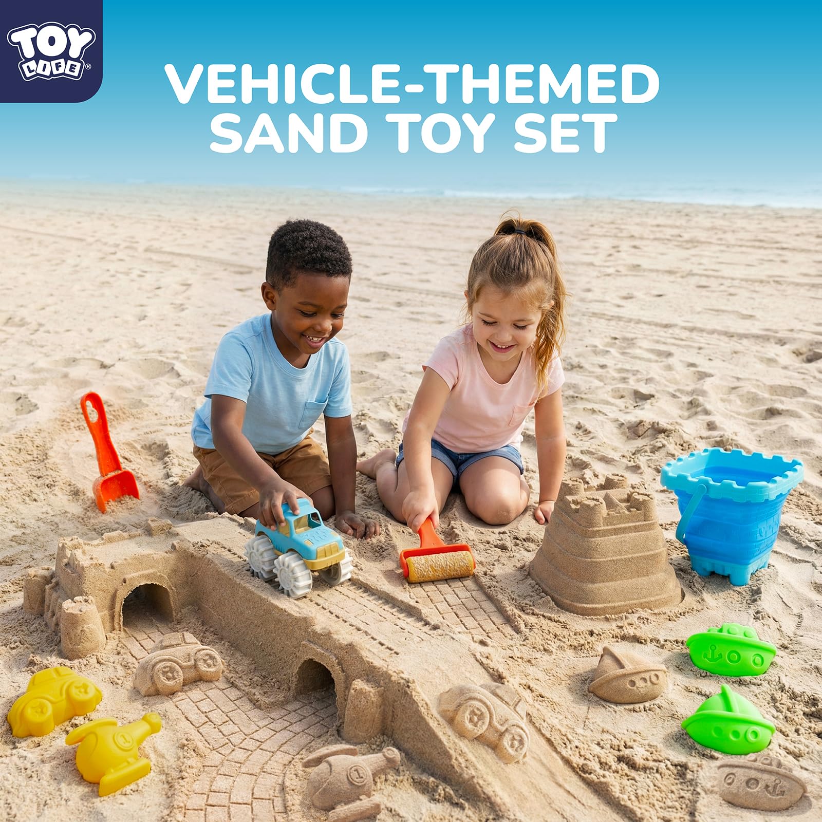 TOY Life Sandspielzeug-Set für Kinder, mit faltbarem Eimer, Transportformen, Auto, Straßenwalze, 2 Schaufeln, Netztasche