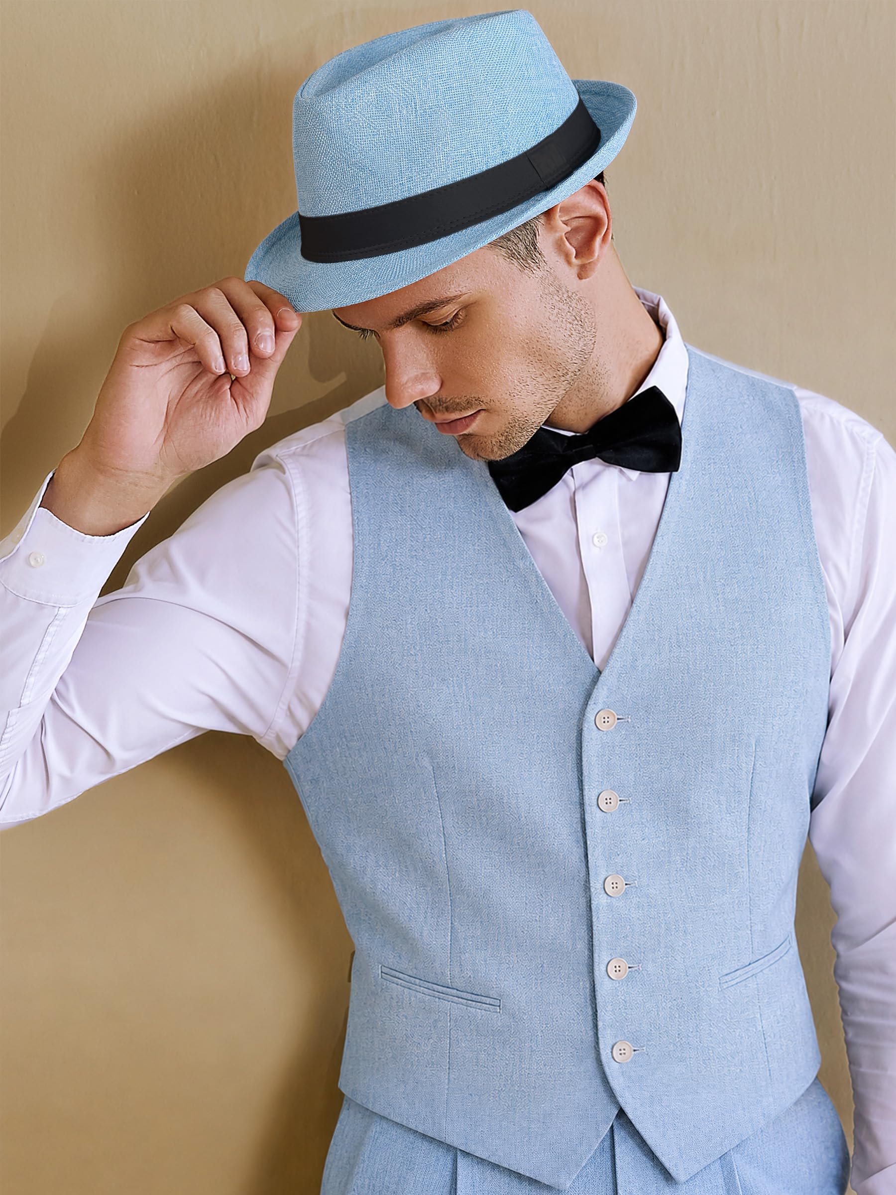 Babeyond Cappello di paglia Fedora da uomo stile anni ‘20, in feltro, modello Panama a tesa stretta, con nastro