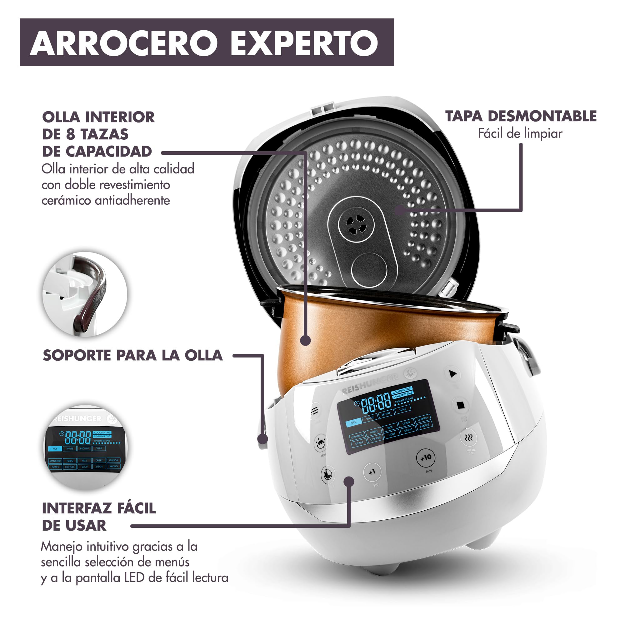 REISHUNGER Olla Arrocera Eléctrica y Vaporera Negro hasta 8 Personas (1.5 l)– Hervidor de Arroz con 12 Programas - Con Pantalla LED y Función Automática de Mantenimiento del Calor
