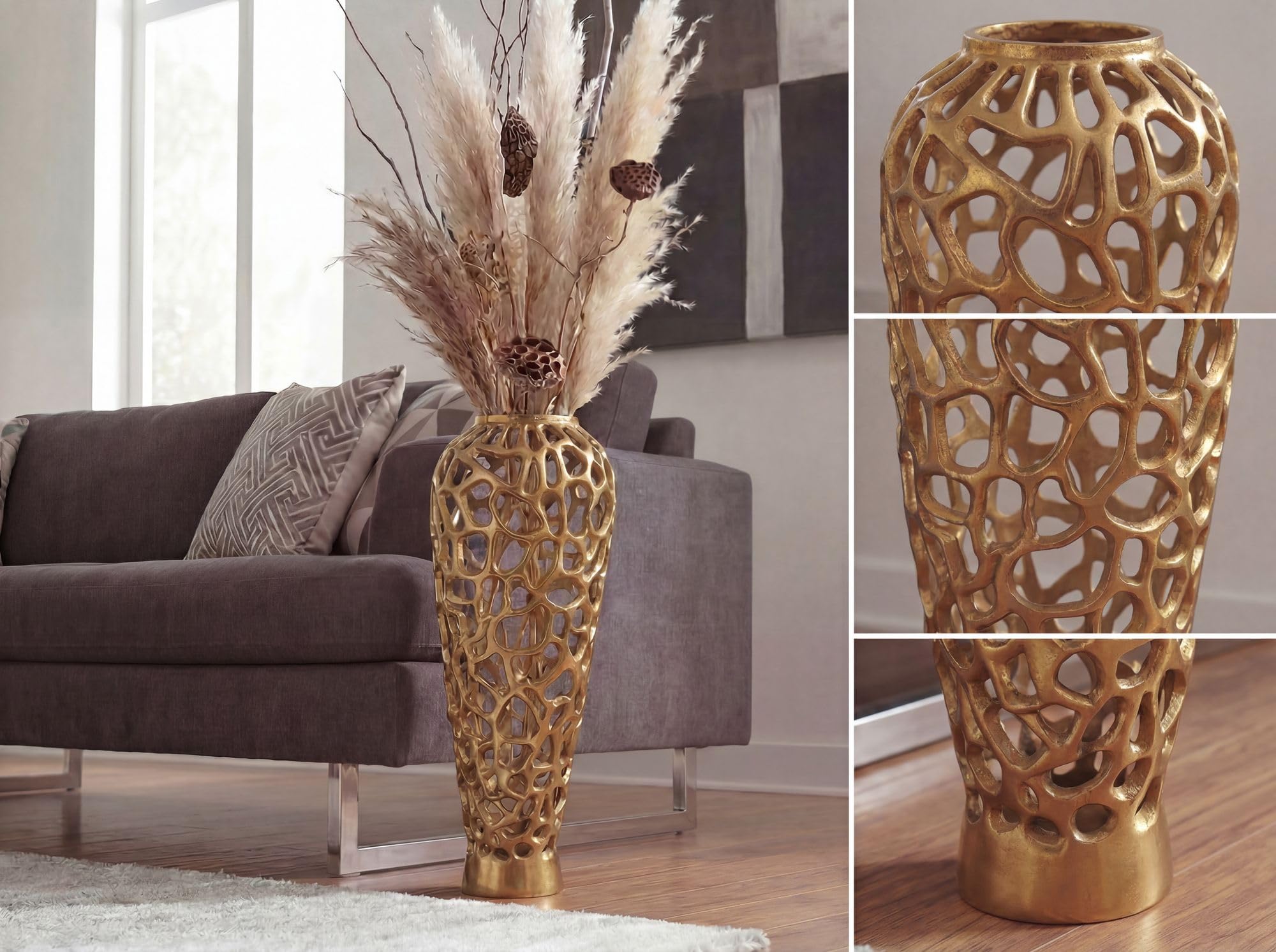 WOHNLING Bodenvase Aluminium 85cm Gold - Design Blumenvase Groß - Metallvase Modern - Dekovase rund für Trockenblumen - XXL Standvase Hoch - Wohnzimmer Deko - Wohndeko Handmade