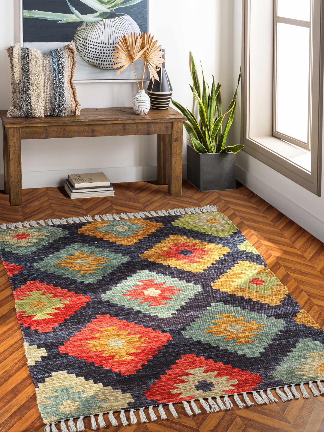 Handmade Upcycled Sustainable Printed Rug, Dhurrie, Carpet for Living Room, Bedroom, Outdoor Decor-image-12