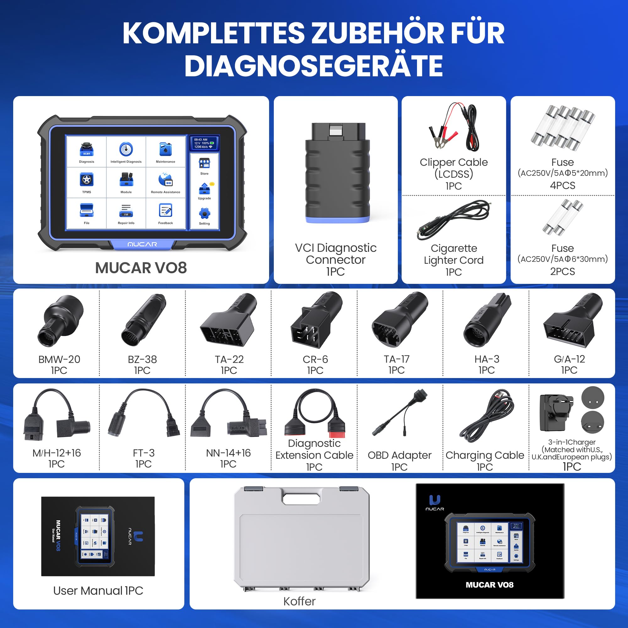 OBD2 Diagnosegerät, MUCAR VO8 Diagnosegerät Auto Mit 34+ Reset-Funktion & Alle Systemdiagnosen, Auto Diagnosegerät Für ECU-Kodierung/BI Direktionale Steuerung, Kostenlose Lebenslange Updates