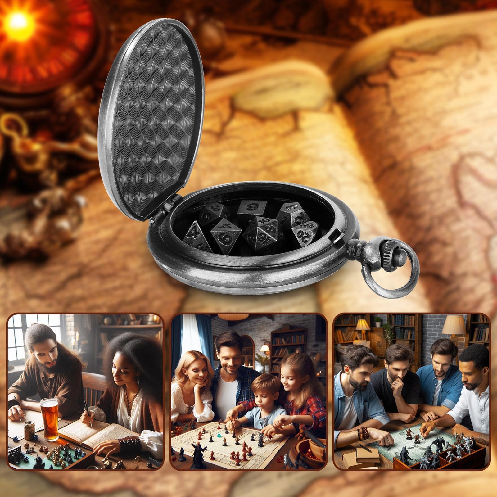 Jeu de dés pour montre de poche – Jeu de dés steampunk en métal avec coque de montre de poche | Dés exquis et portables pour les amateurs de jeux, jeux mathématiques