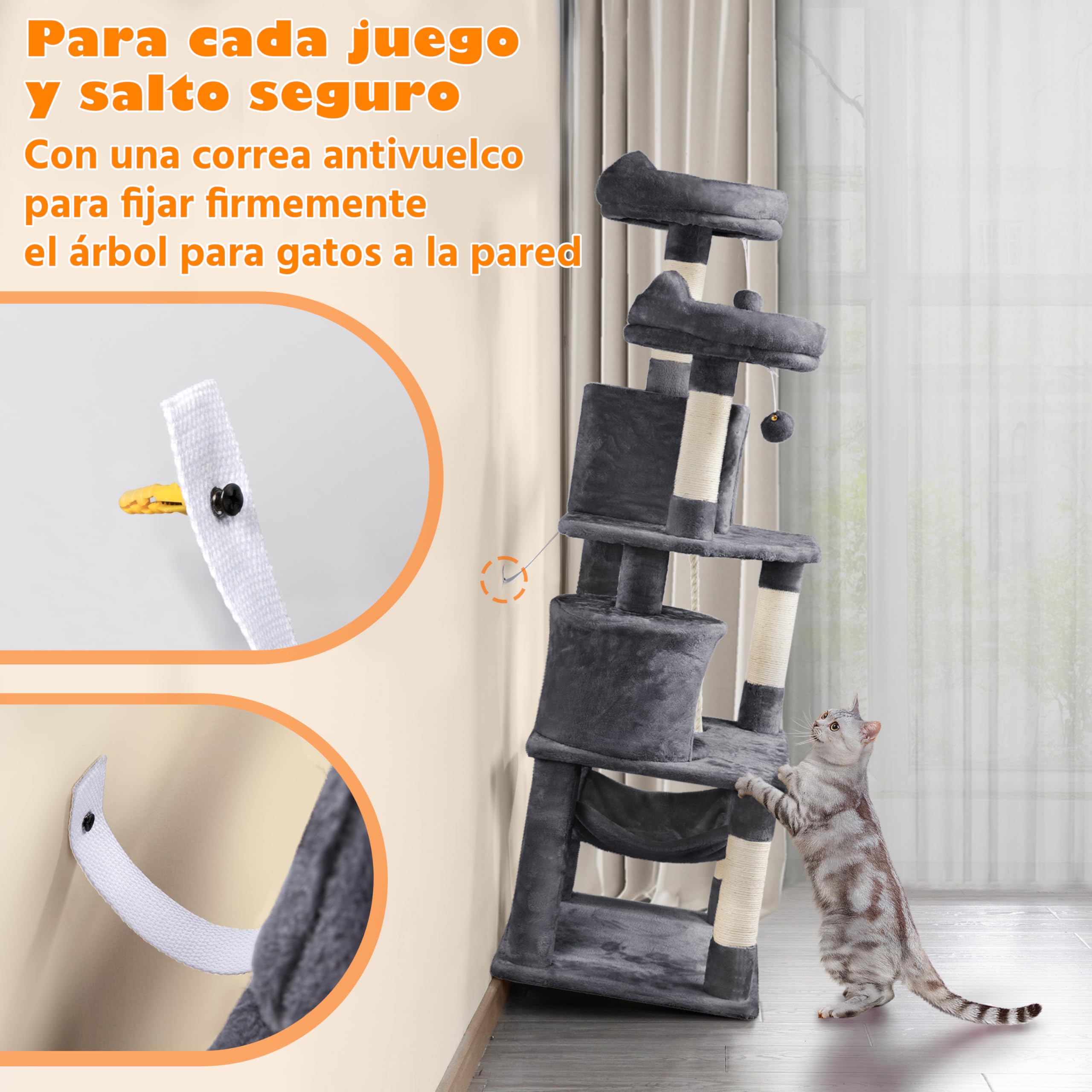 Yaheetech Rascador para Gatos de 158 cm Grande Arbol para Gatos Adultos Torre de Gatos Casita Juego para Mascota Gris Oscuro