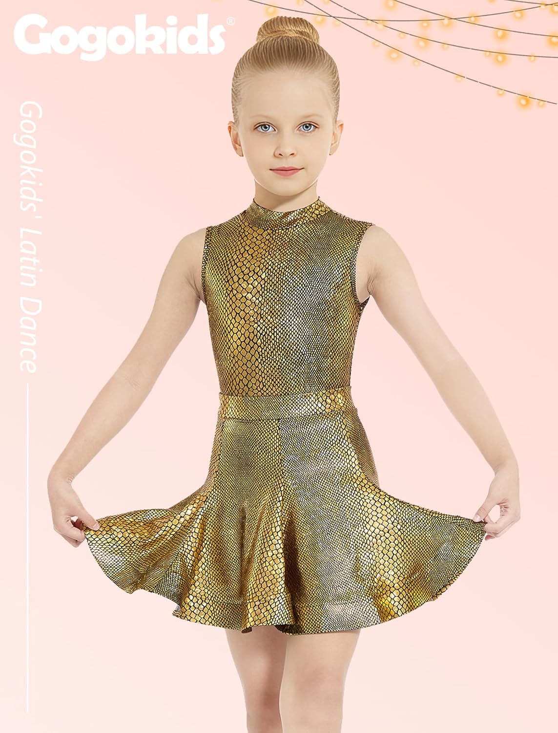 Gogokids 2Pcs Girls Latin Dance Dress Sparkly Ballet Tango Dancewear Rumba Samba Costume with Removable Flare Skirt 5-12Y