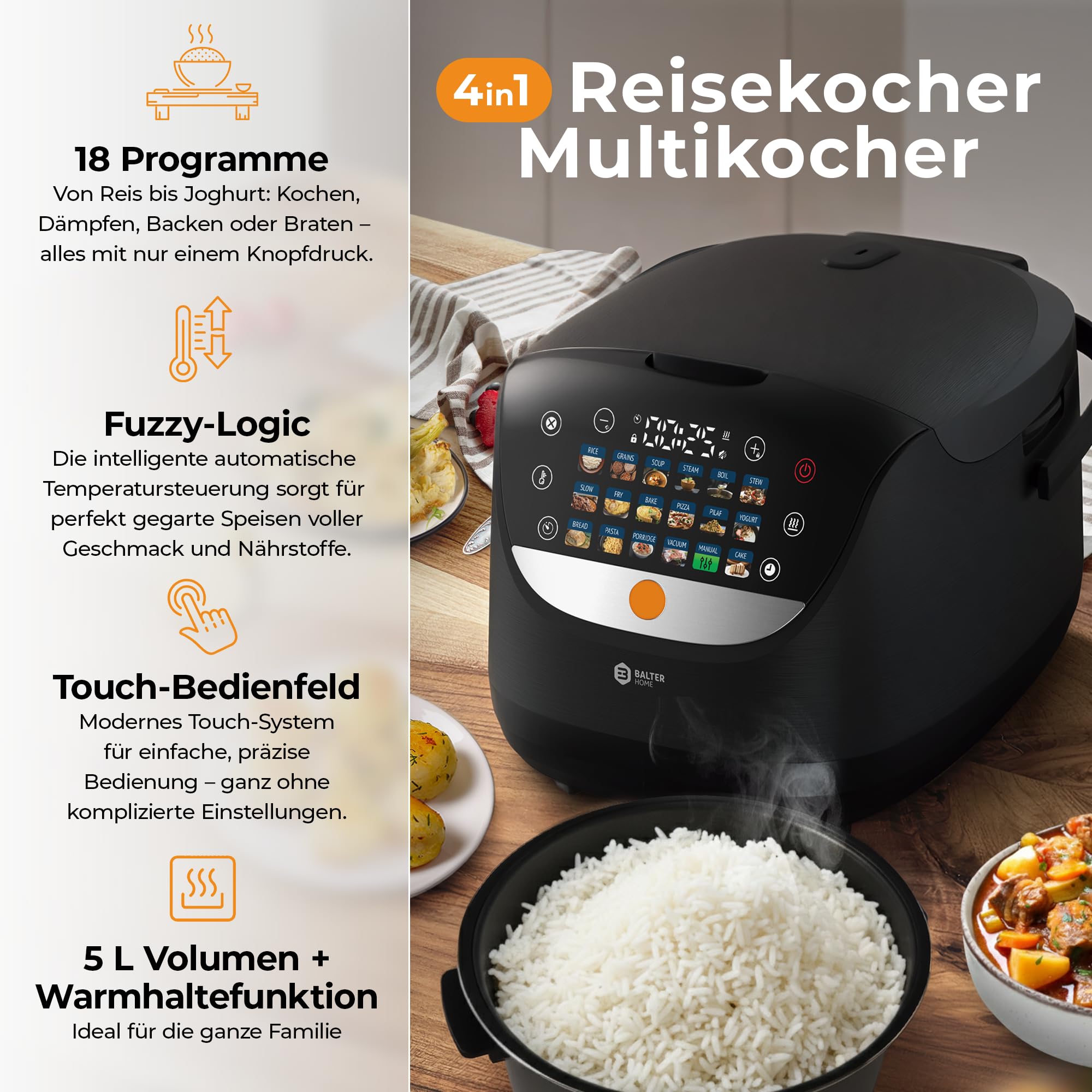 Balter Reiskocher, Multikocher mit 18 Programme, 4L Rice Cooker, Multicooker, Fuzzy-Logic, Dampfgarer & Slow Cooker, Warmhaltefunktion & Timer, inkl. Premium Topf, Zubehör & Rezeptbuch, klein