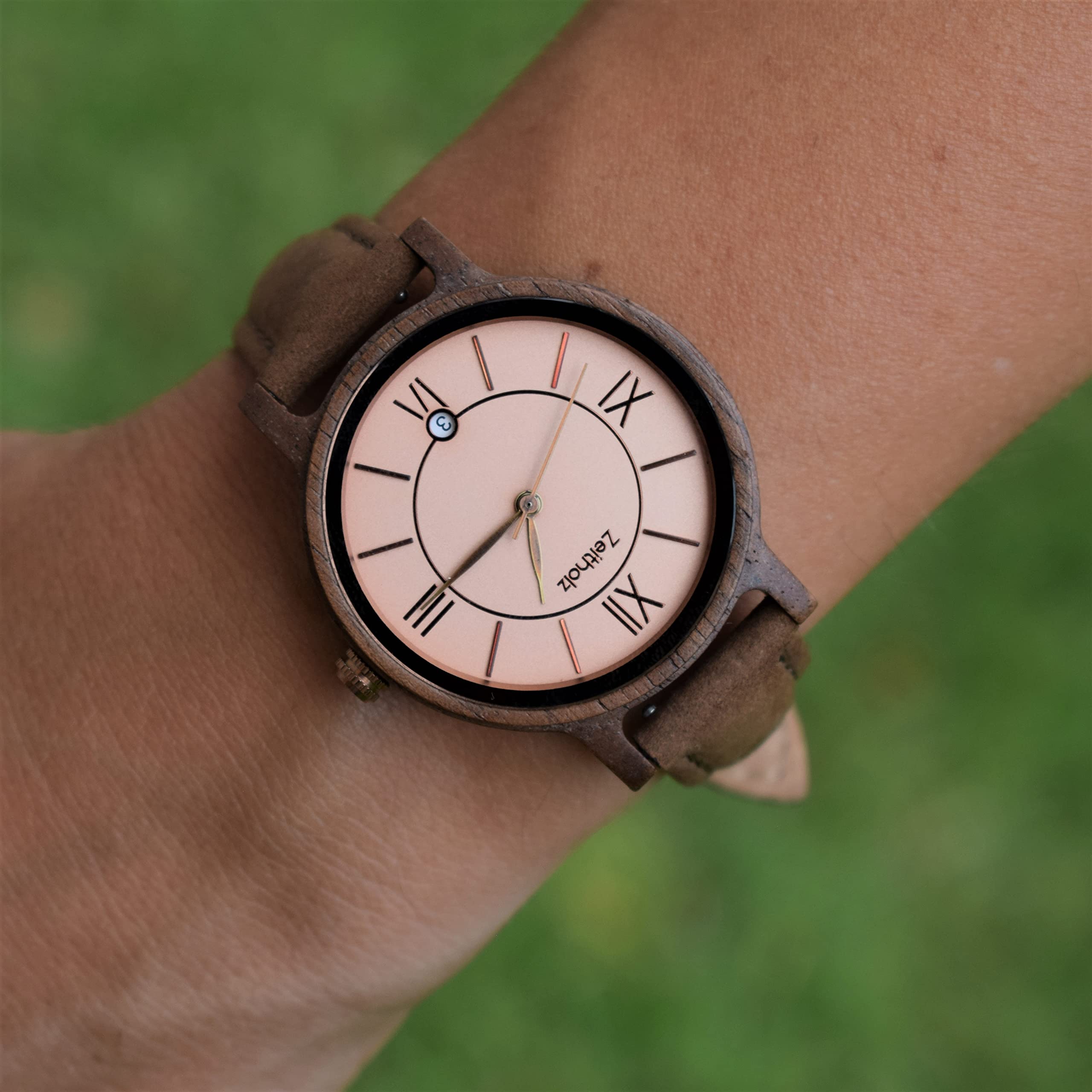 Holzuhr Damen, Armbanduhr, Lederband Blau, Analog, Quarz, Neue Rosenbach Kollektion 36mm, Naturholz mit Japanischem Quarzwerk. Eine Aussergewöhnlich Vielseitige Damenuhr