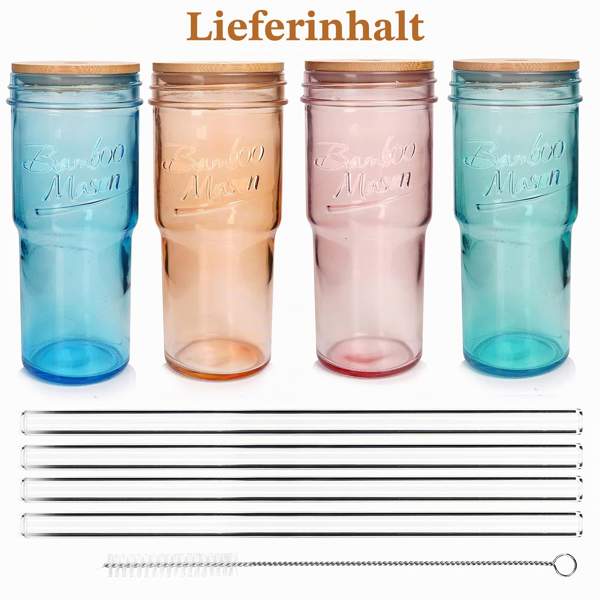 ANOTION Farbige Glasbecher mit Deckel und Strohhalmen 24oz Reise Kaffeebecher Breiter Mund Mason Jar Eiskaffee Tasse Smoothie Cup Glas Tumbler Tee