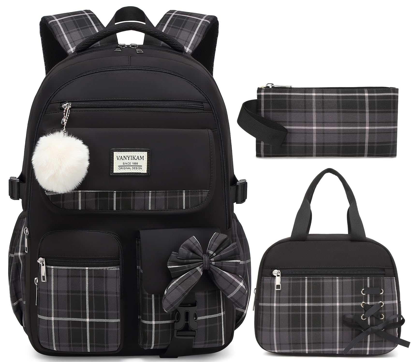 Backpack for School Girls, 3Pcs Kids Cute Bookbag with Lunch Box Pencil Pouch, Student Pack Fits 15.6 Inch Laptop for Teens bag for Kindergarten Elementary Preschool Middle School, Black Tartan
