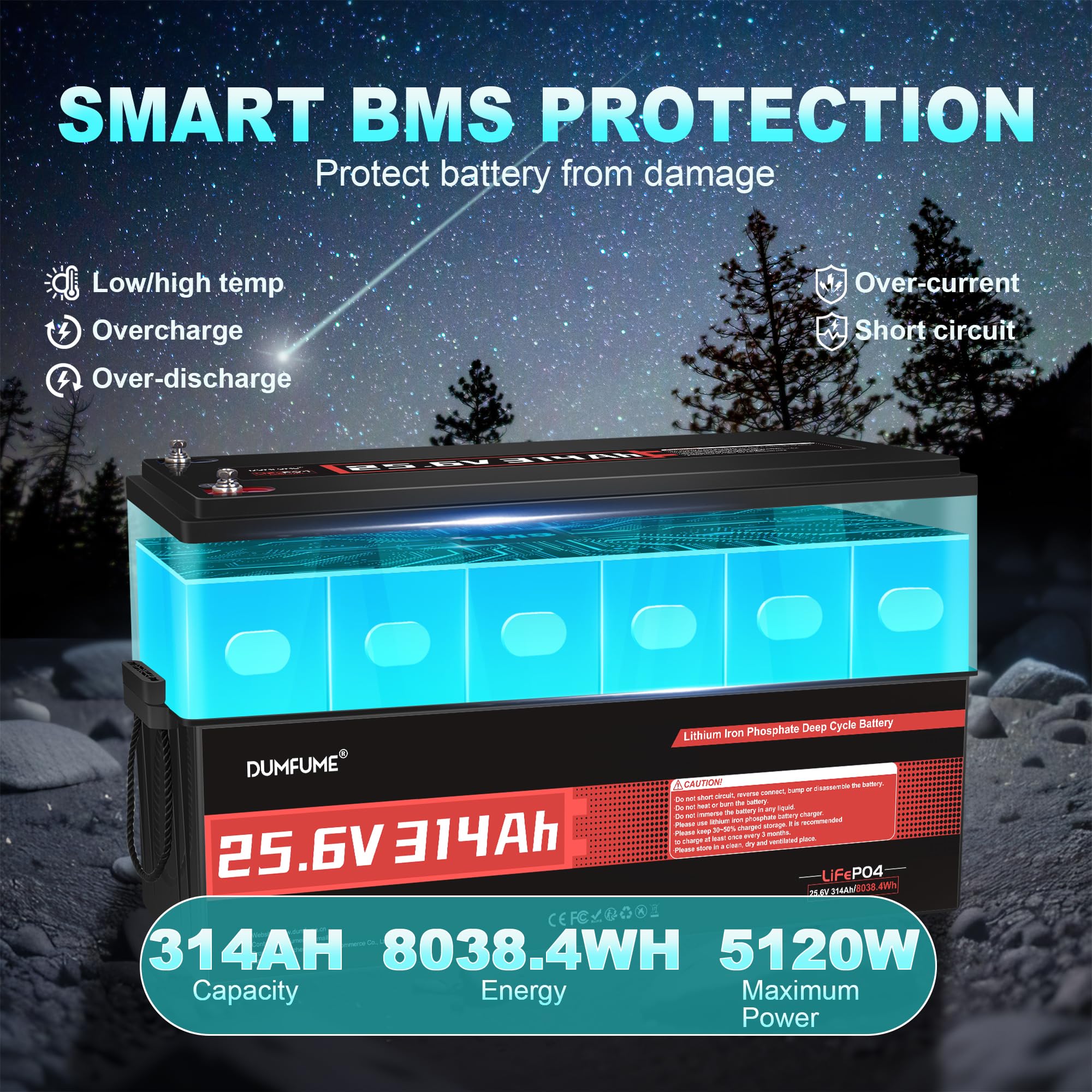 Batería Litio LiFePO4 24V 300Ah (314Ah) con 8 kWh & IP65 | BMS 200A, Energía 15.000 Ciclos, Ideal para Autocaravana, Embarcaciones y Almacenamiento Energía Doméstica
