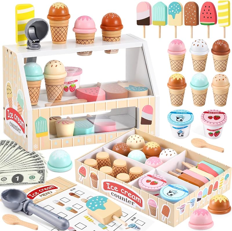Wooden Ice Cream Toys Kids Play Store Pretend Toy for Toddlers, Play Kitchen Accessories with Scoop, Menu, Ice Cream Play Set Birthday for Boys Girls 3 4 5 6 Year Old