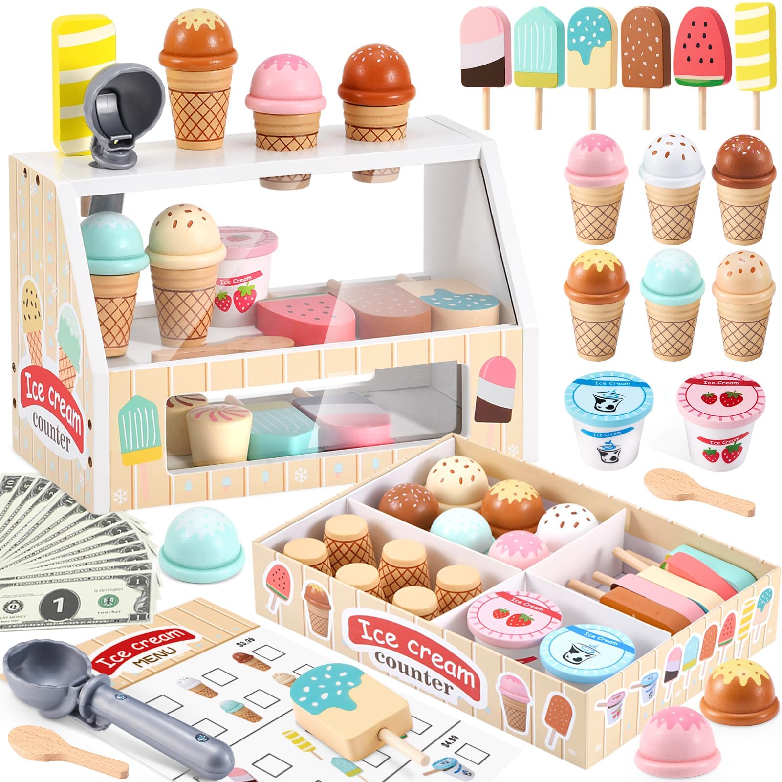 WHOHOLL Wooden Ice Cream Toys Kids Play Store Pretend Toy for Toddlers, Play Kitchen Accessories with Scoop, Menu, Ice Cream Play Set Birthday for 3 4 5 6 Year Old Girls Boys