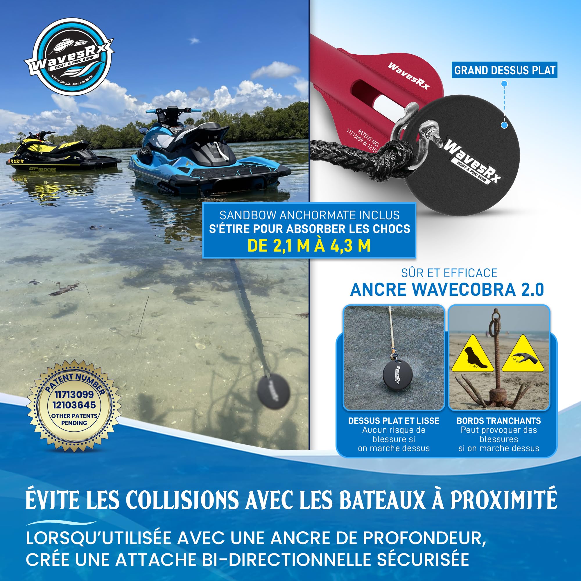 WAVESRX Ancre de Plage à Piquet en Aluminium brevetée | Ultra-légère pour Bateau, Ponton, PWC, Jet-Ski ou Kayak | Ancrage sûr près du Rivage, Banc de Sable ou Eau Peu Profonde